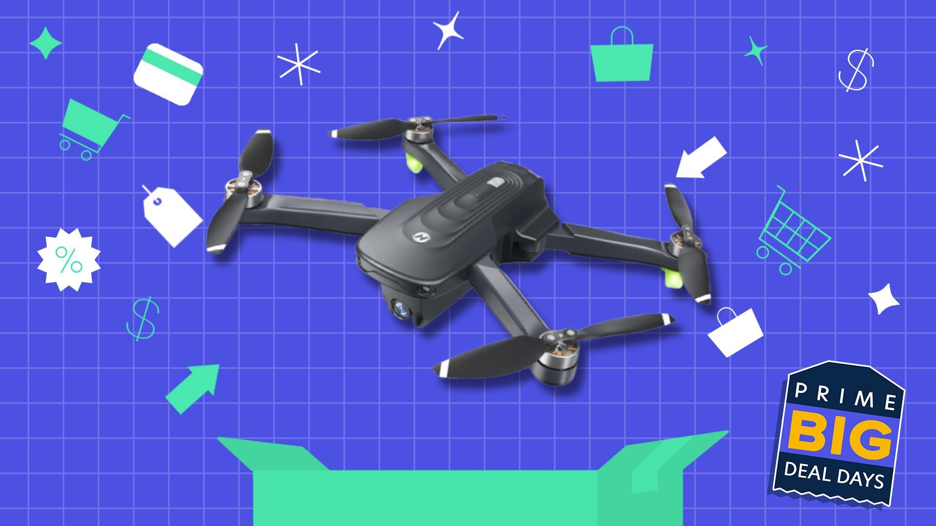 the holy stone hs175d drone on a blue amazon prime day background