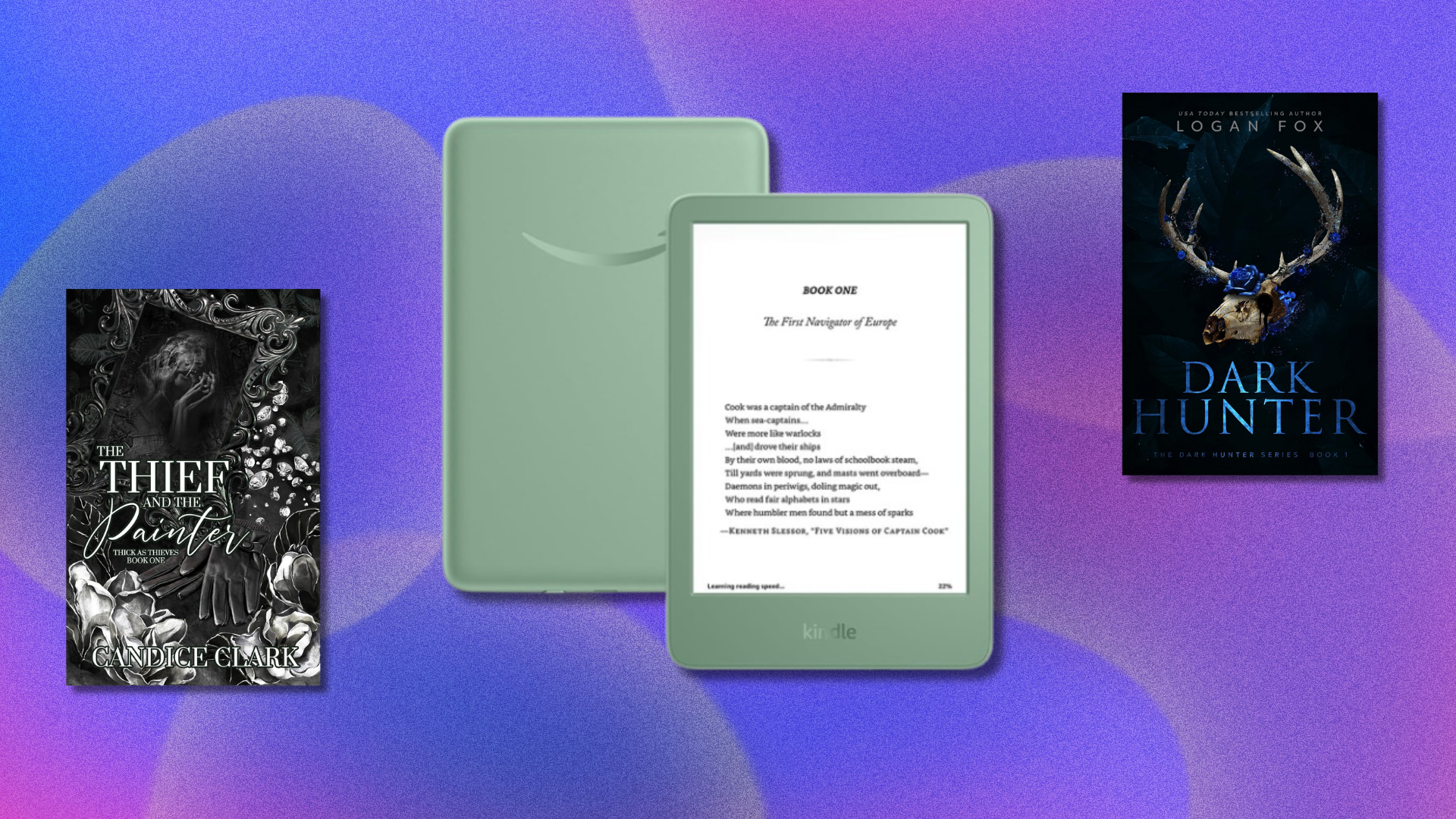 A colorful background with a Kindle and two book covers.