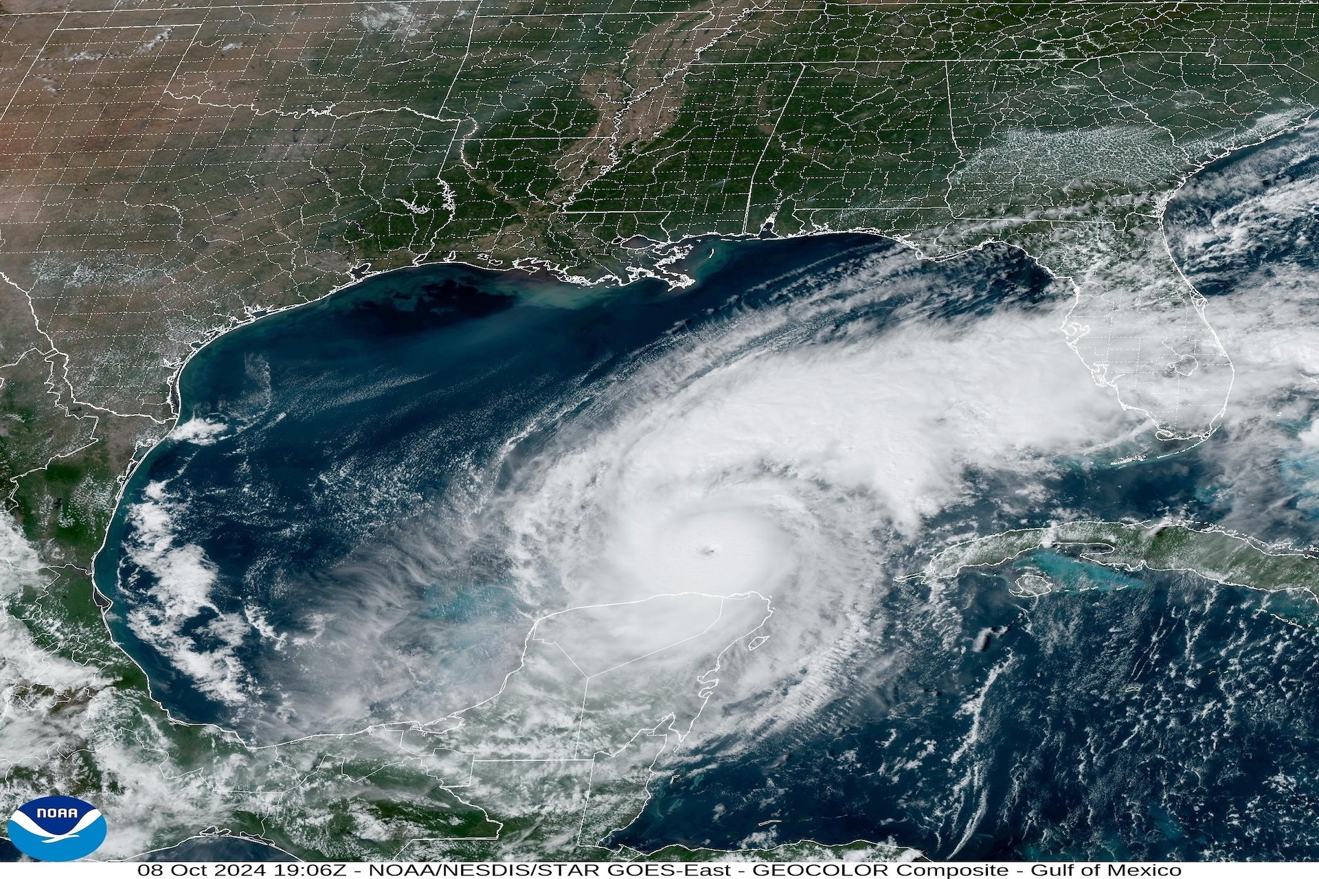 Satellite imagery of Hurricane Milton over the Gulf of Mexico.