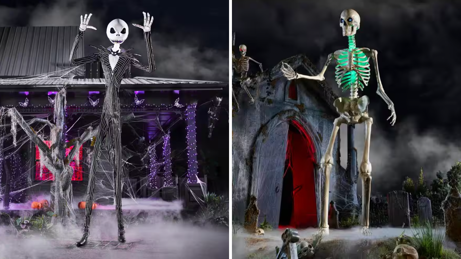 the 13 ft. Giant-Sized Animated LED Jack Skellington and the 12-foot skeleton with an led lighting kit from the home depot