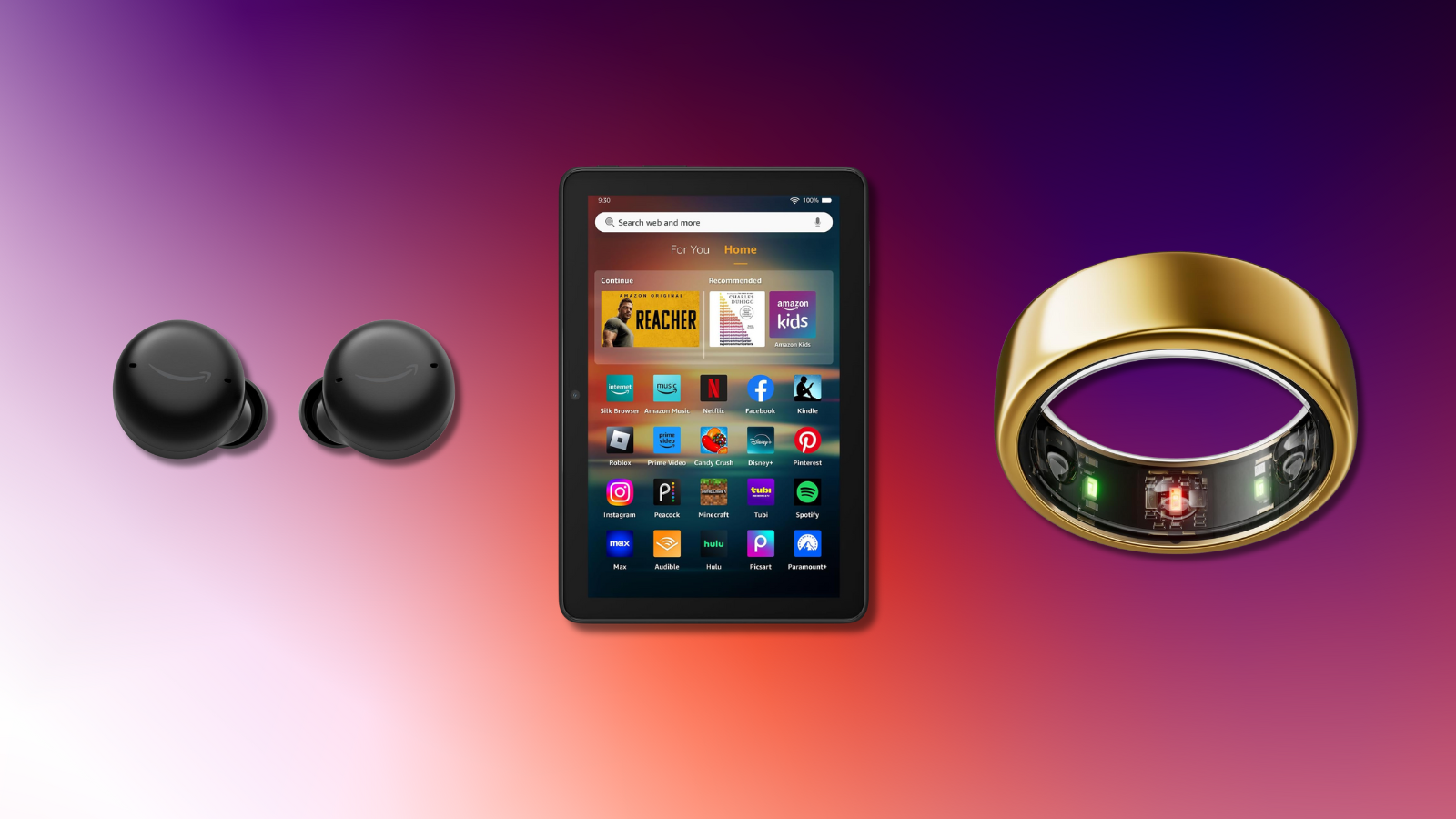 Oura Ring 3, Amazon Fire tablet, and Echo Buds with colorful background