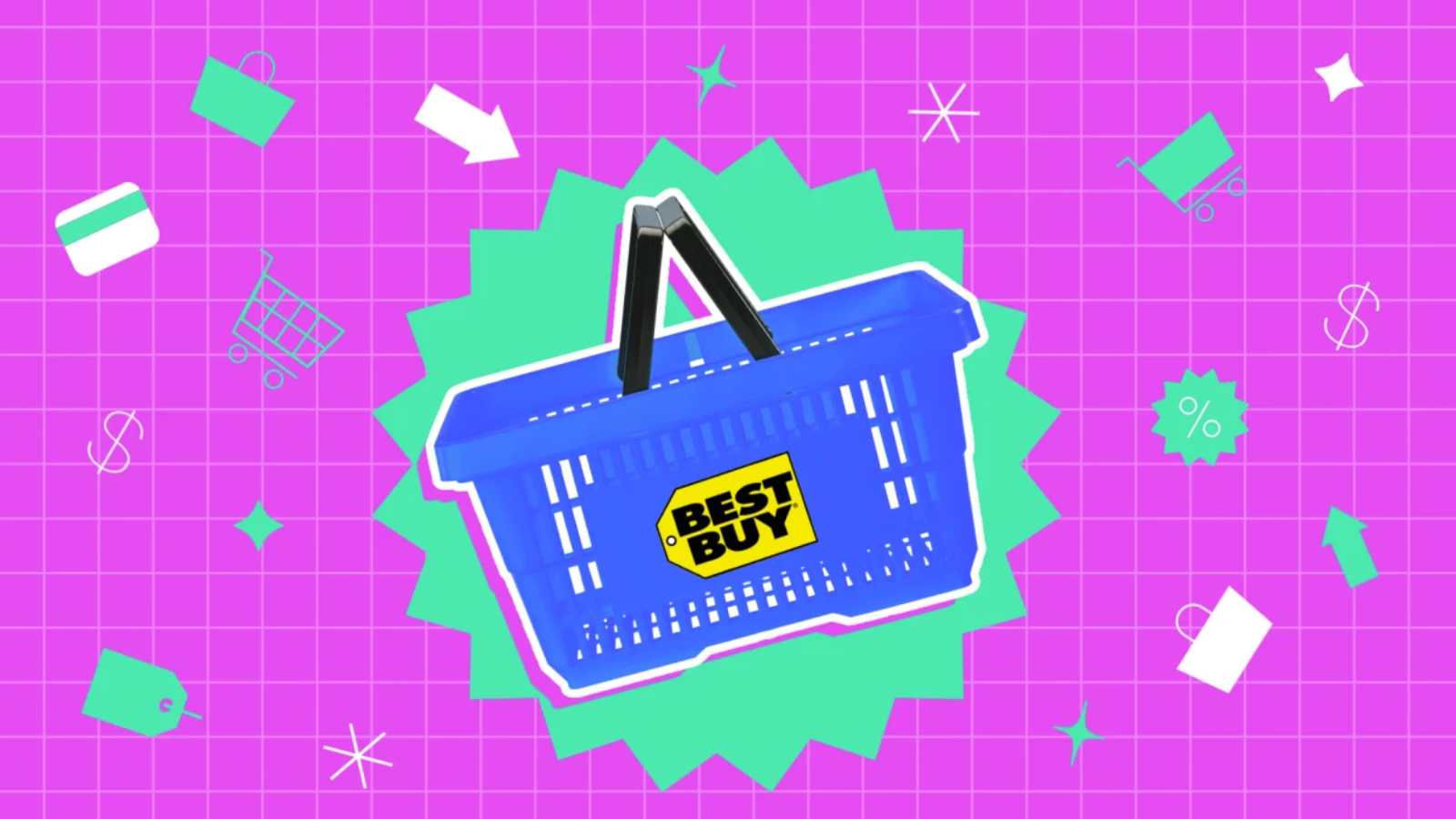 a blue shopping basket with the best buy logo on it against a green starburst icon on a pink background