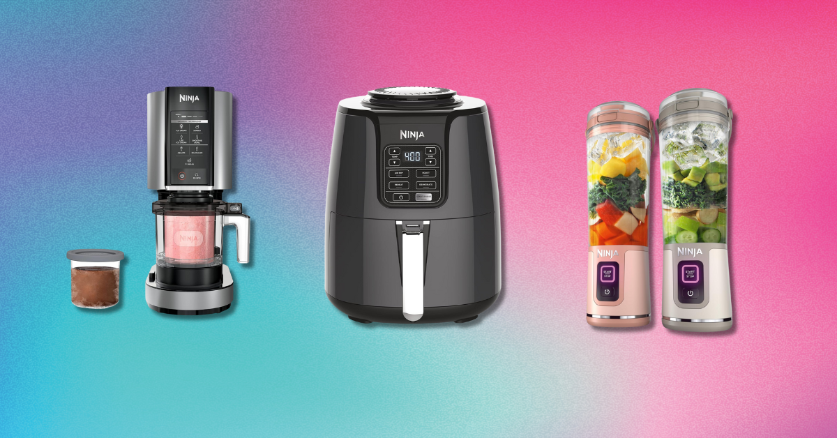 Ninja creami, ninja air fryer, and ninja blast against a colorful background 