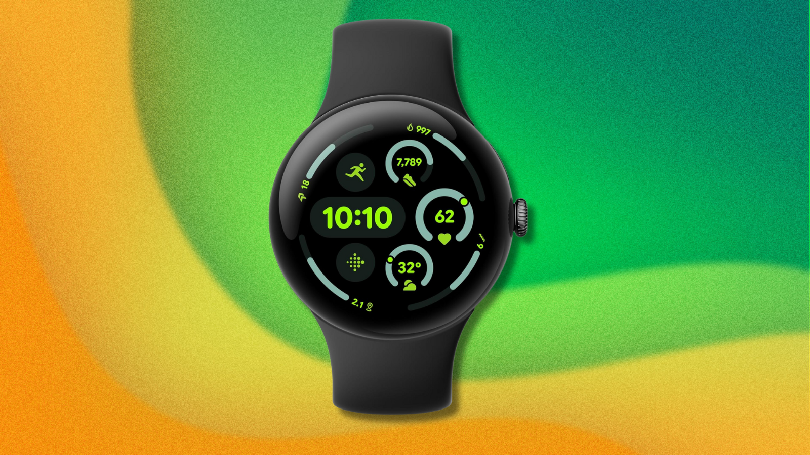 Google Pixel Watch 3 on yellow and green background