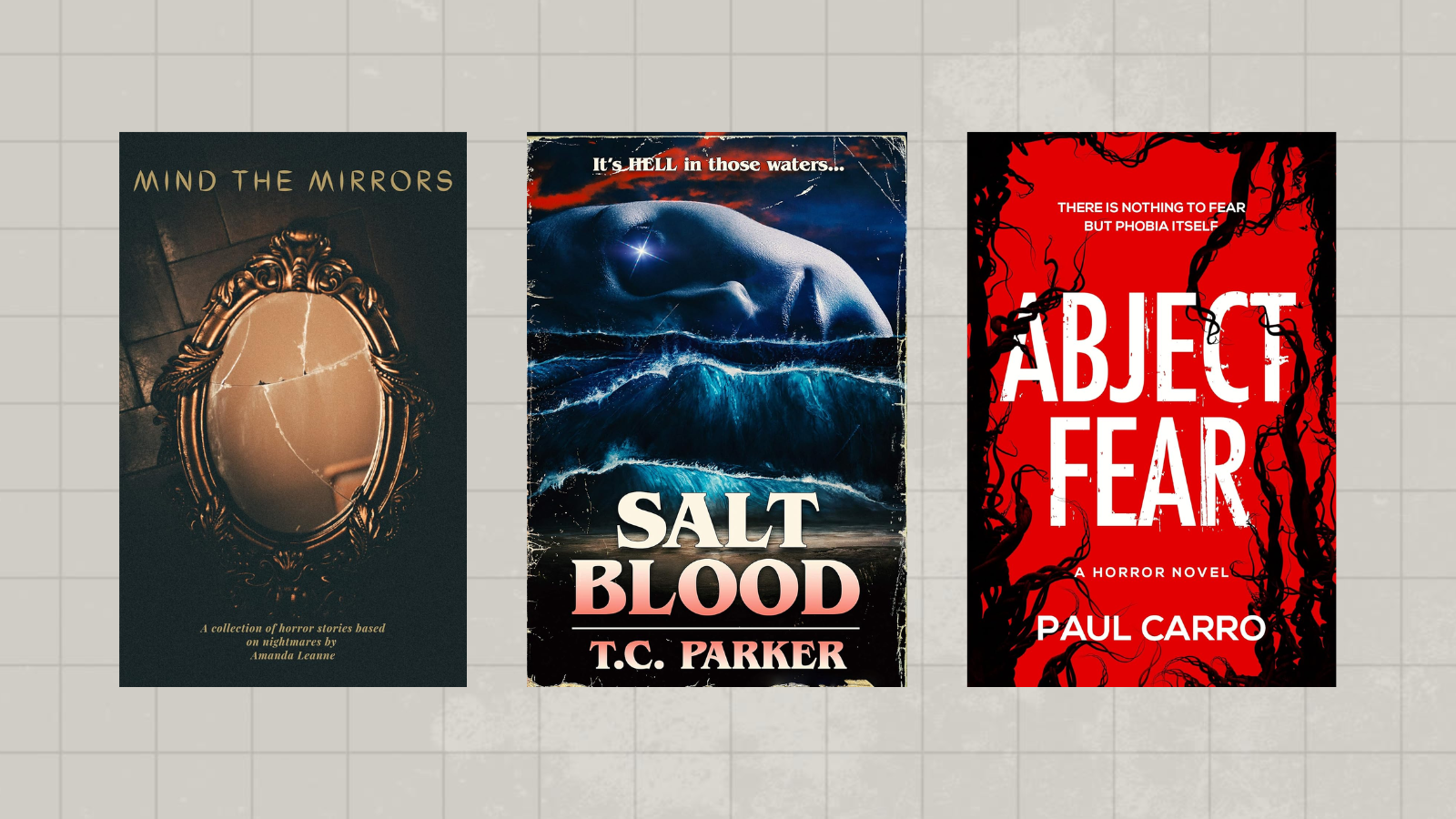 three horror books against a light gray grid