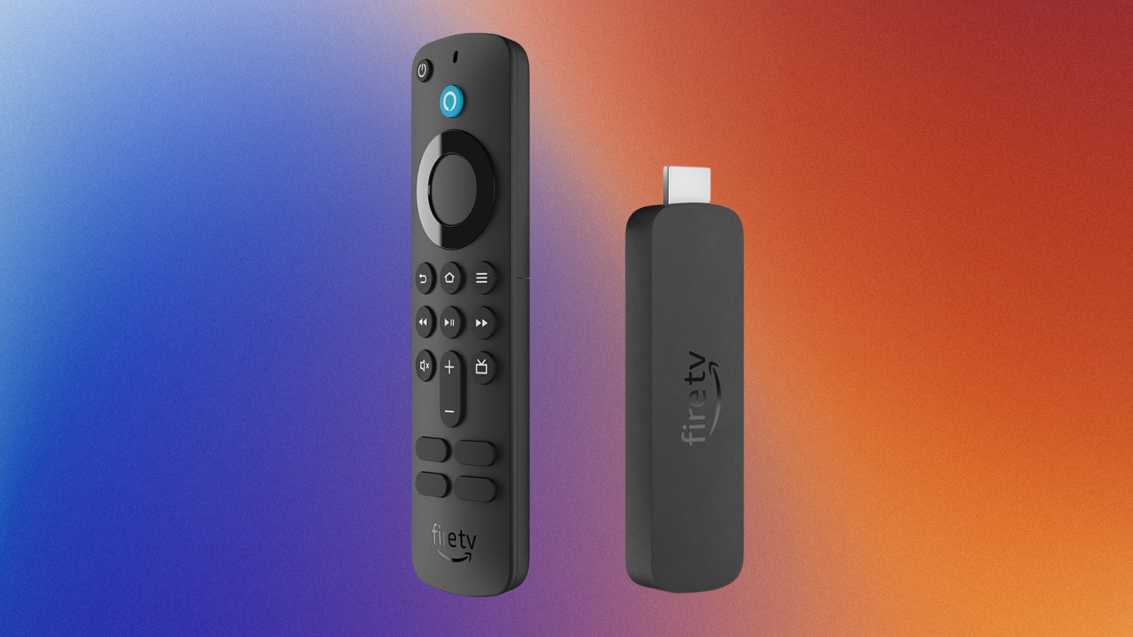 Amazon Fire TV Stick 4K on a blue, purple, orange and red gradiant background