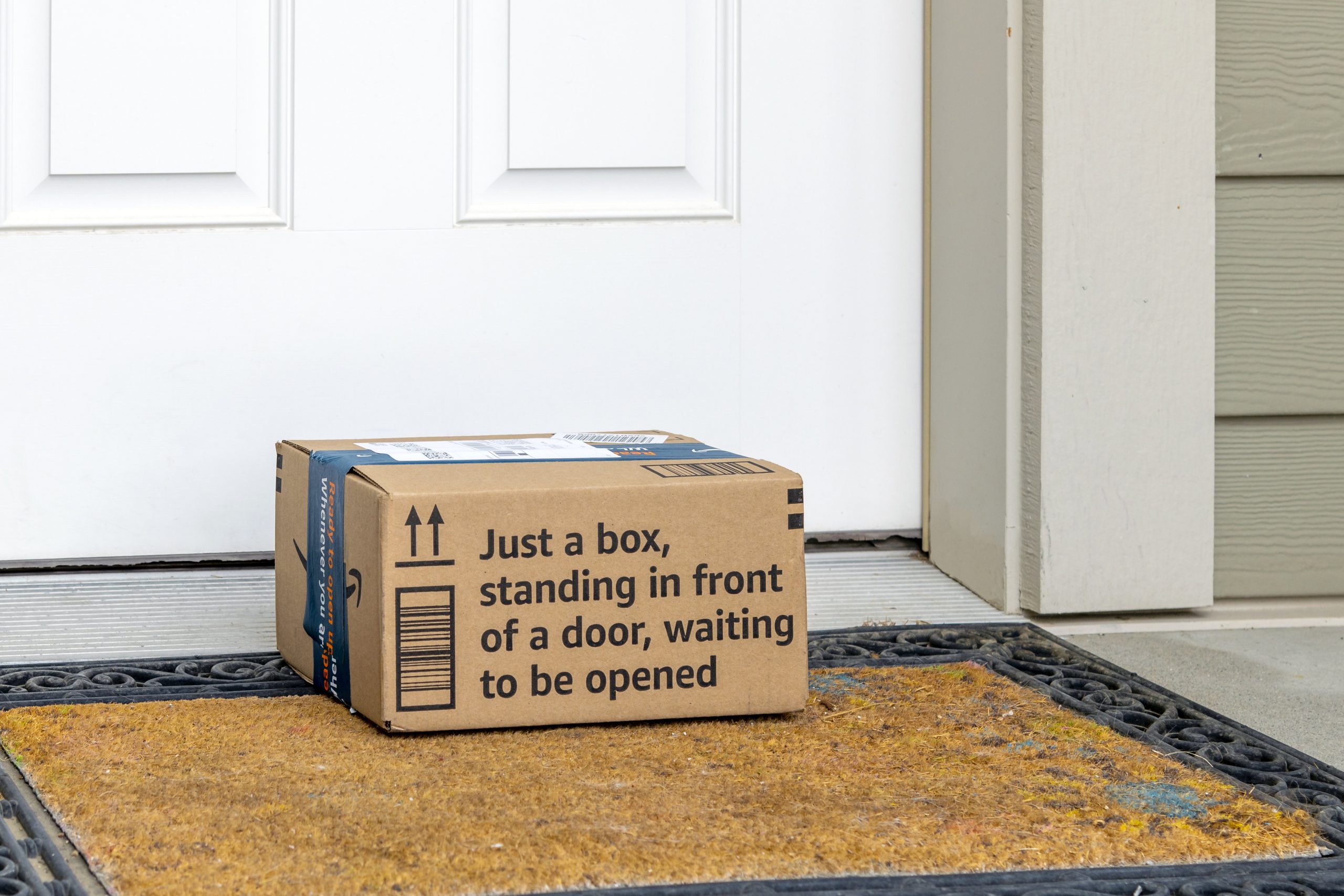 Amazon package sitting on doormat in front of door