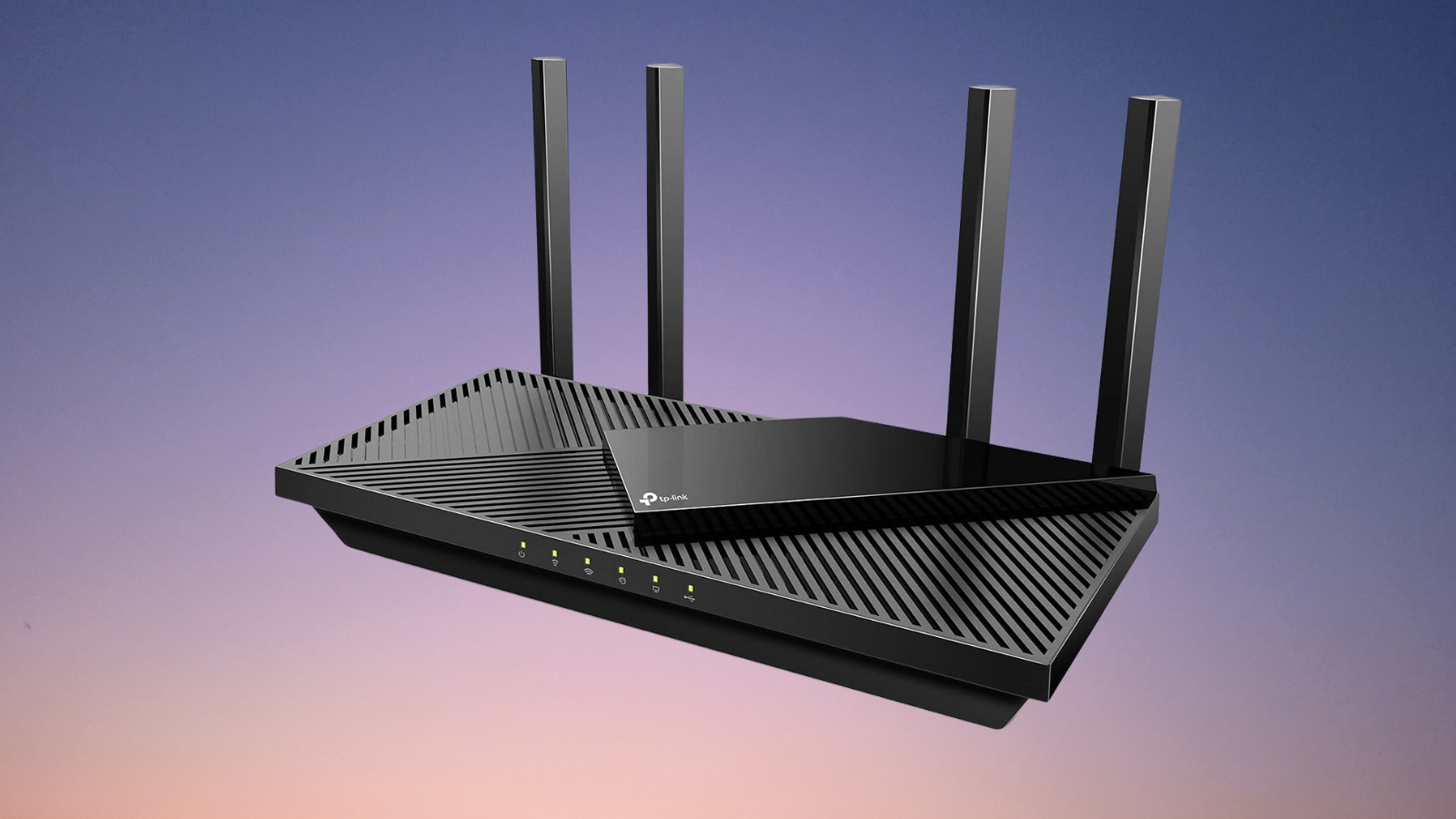 TP-Link AX3000 WiFi 6 Router on a pink/blue gradient background