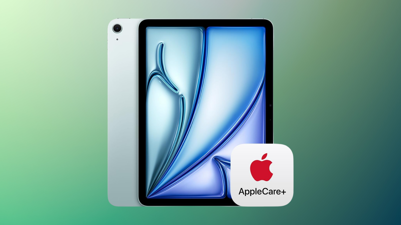 Apple iPad Air 11-inch (M2) front and back views stacked on a green gradient background with the Apple Care + logo