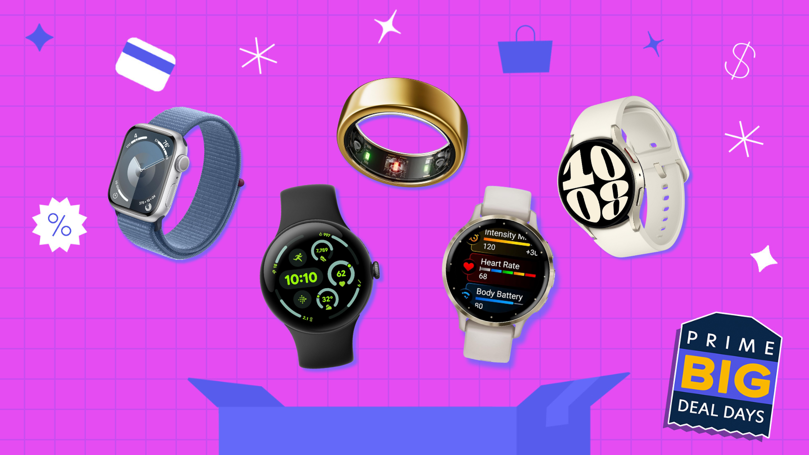 pink and blue Prime Day illustration with fitness trackers and smartwatches from Apple, Samsung, Garmin, Google, and Oura