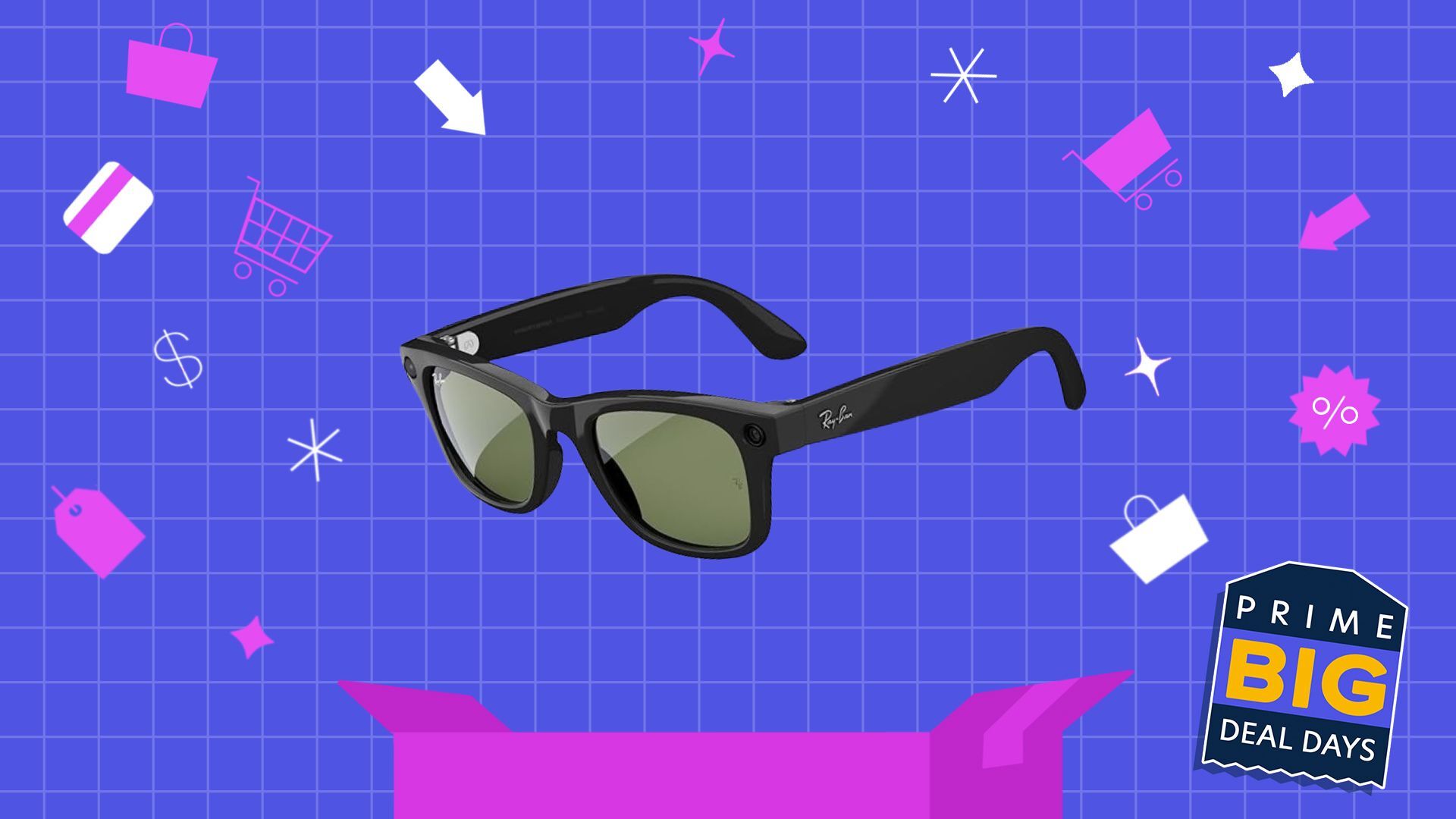 ray-ban meta smart glasses on a blue and pink prime big deal days themed background