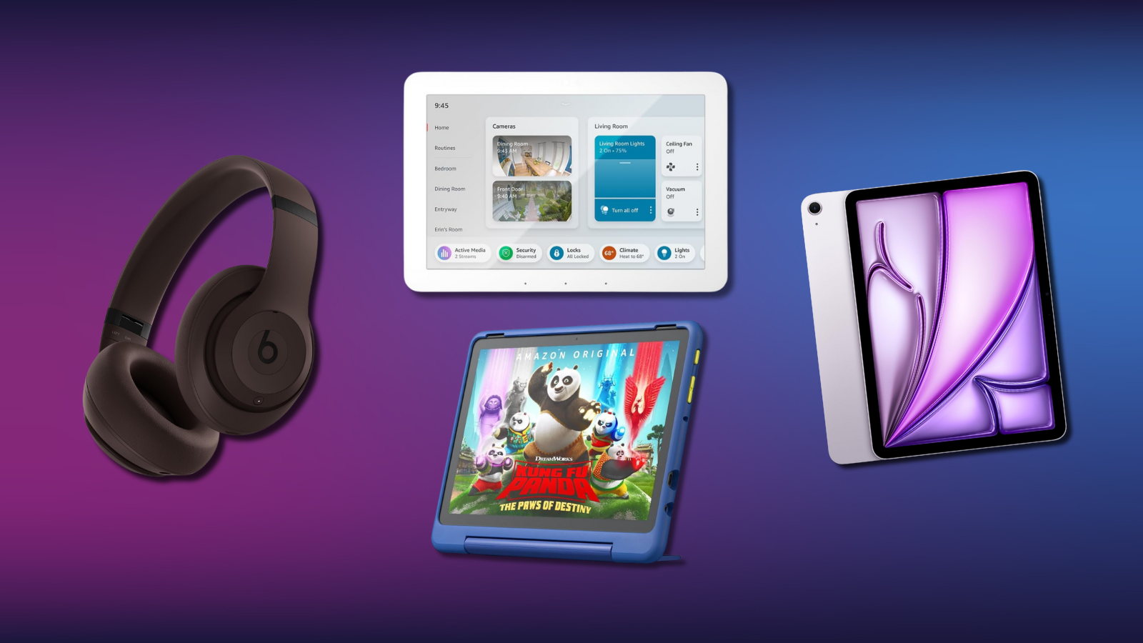 purple background with collage of Apple iPad, Beats headphones, Amazon Echo Hub, and Fire tablet