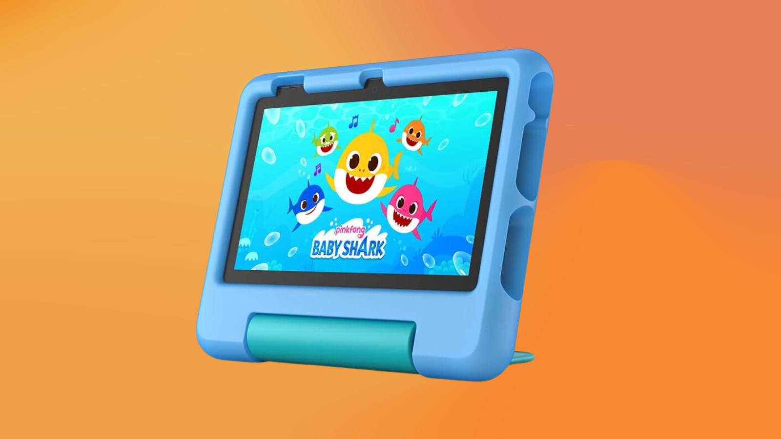 Amazon Fire 7 Kids tablet in blue showing Pinkfongs Baby Shark on a orange gradient background