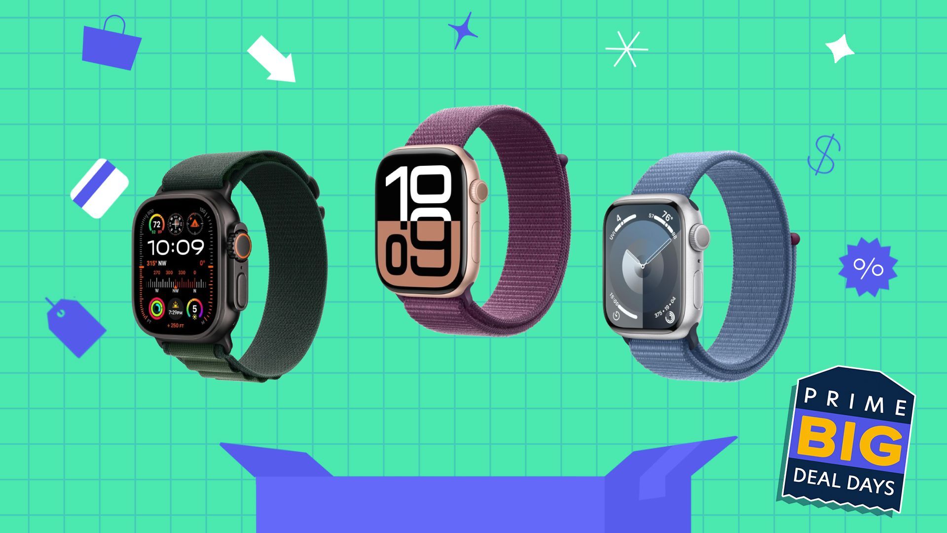 apple watch ultra, apple watch series 10, and apple watch series 9 on a green and blue background