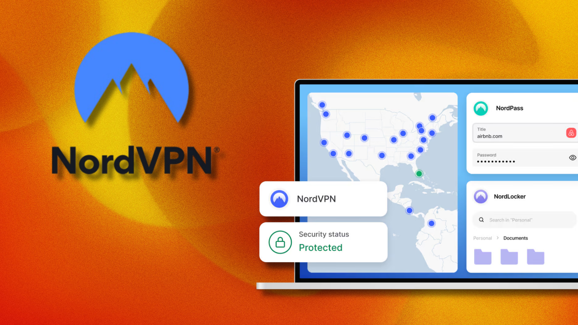 A colorful background with a NordVPN logo and laptop showing the program.