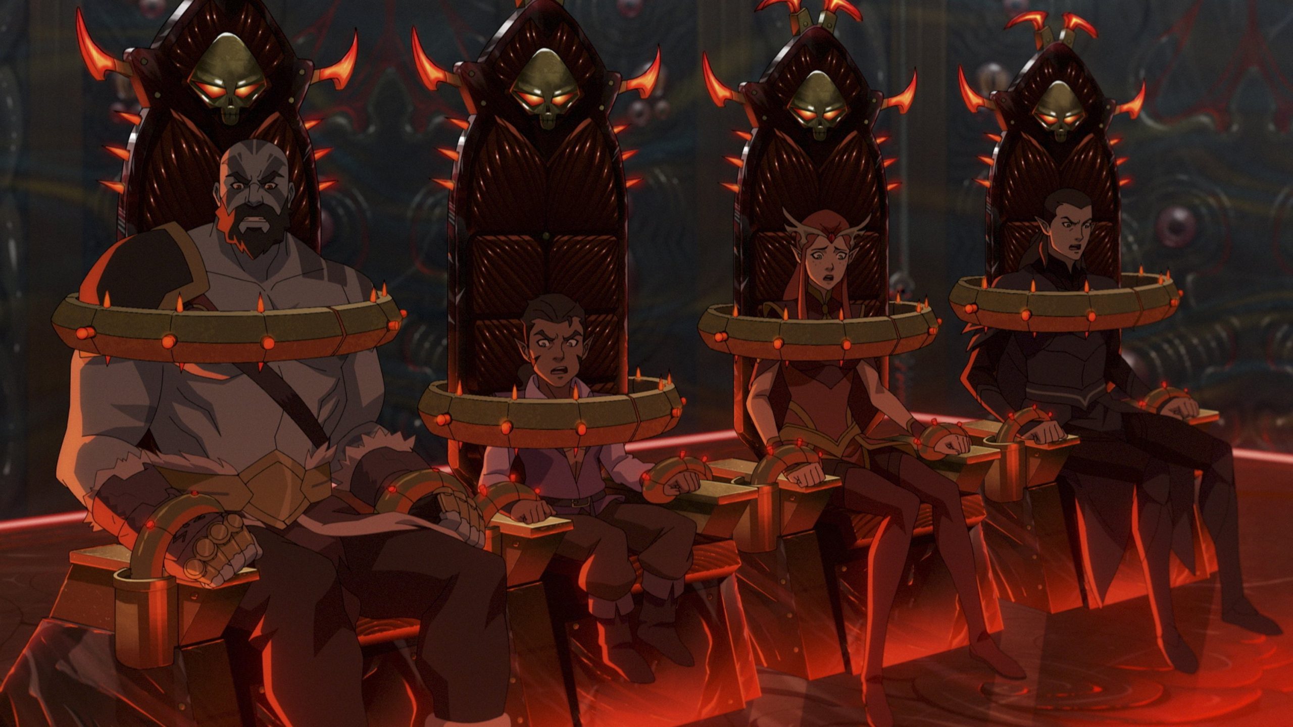 Grog, Scanlan, Keyleth, and Vax locked in some chairs in Hell.