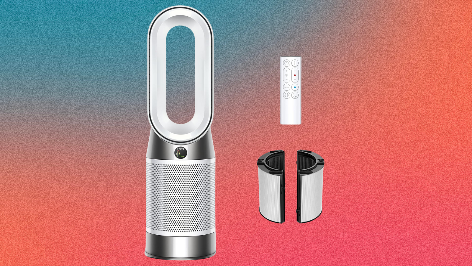 Dyson Hot+Cool purifier on a purple, peach and blue grain gradient