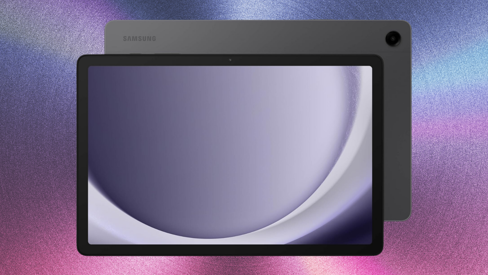 Samsung Galaxy Tab A9+ on a metallic purple gradient background