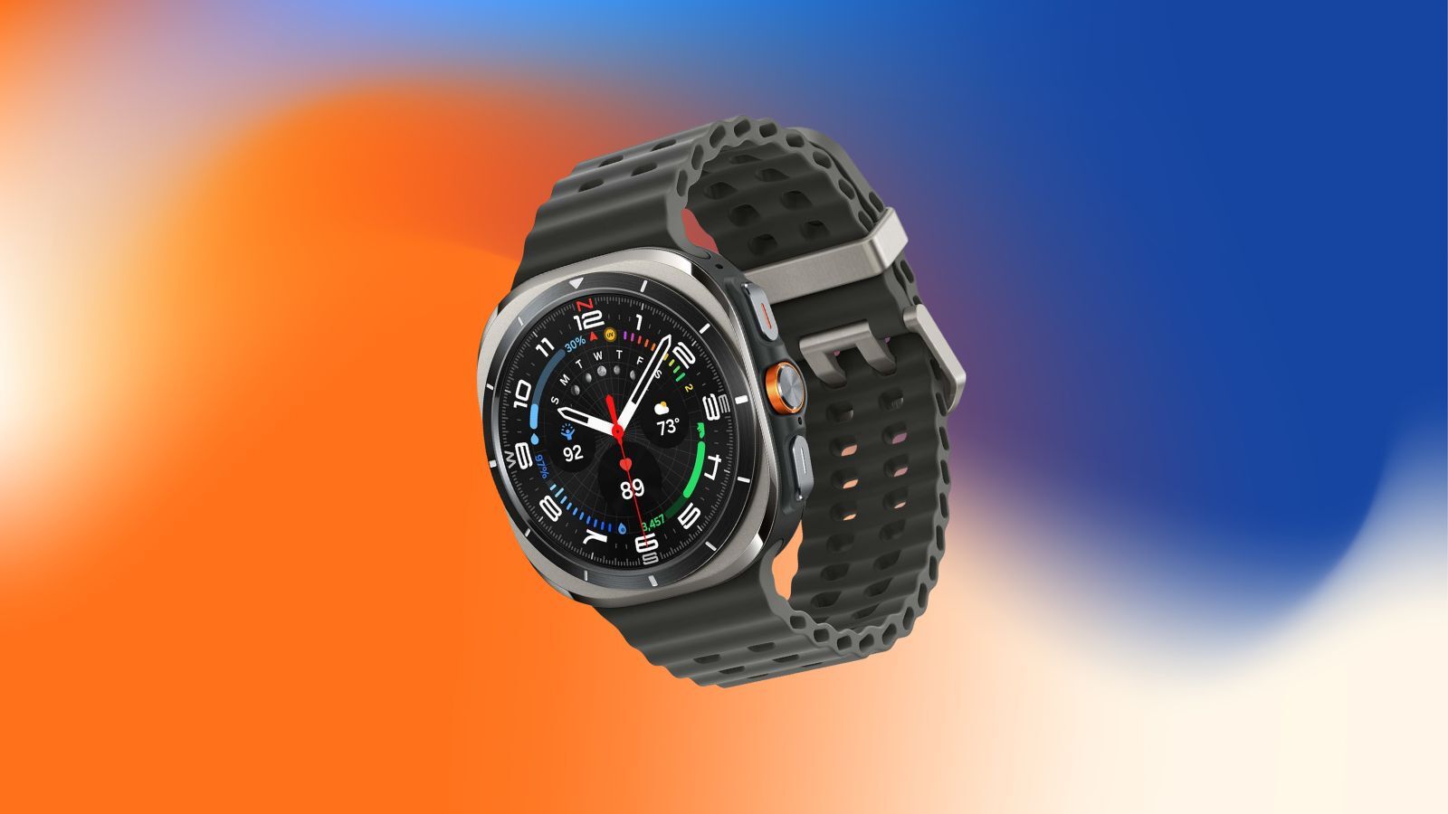 Samsung Galaxy smartwatch on blue and orange background