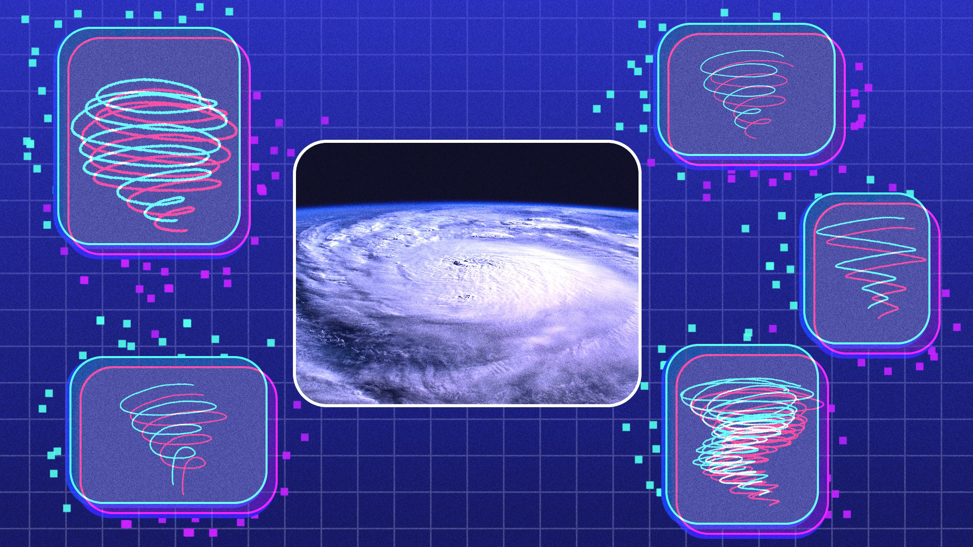 composite image of a satellite image of hurricane milton surrounded by drawings of tornado-like spirals. 