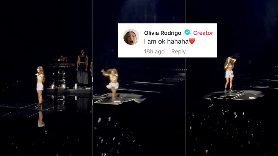 Three side-by-side images show a woman falling through a hole on stage.