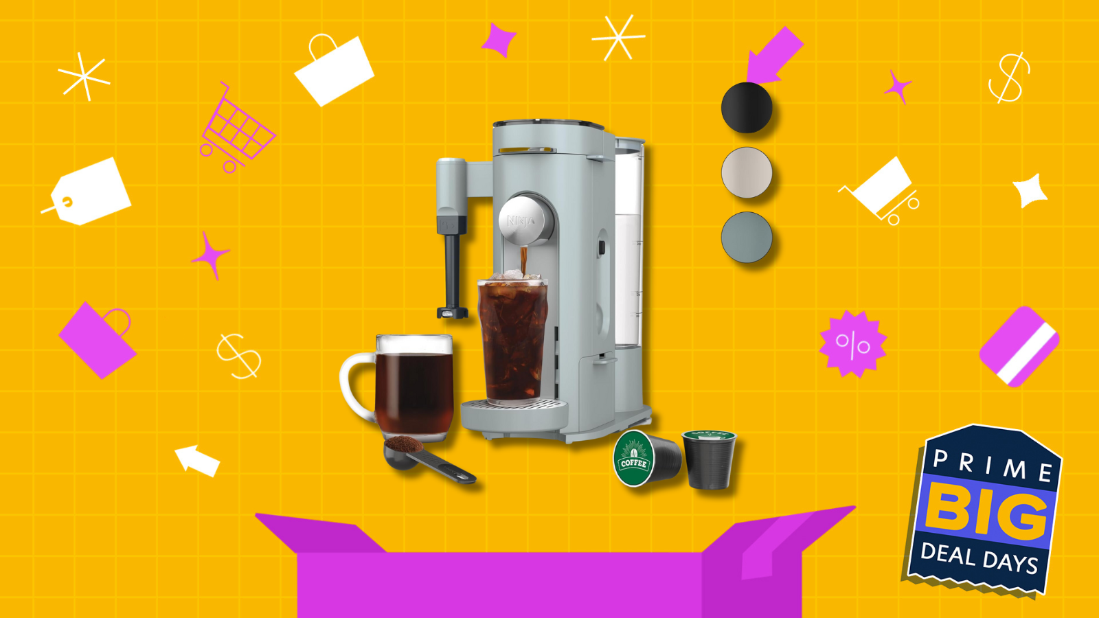 Ninja coffee maker on Prime Day discount background