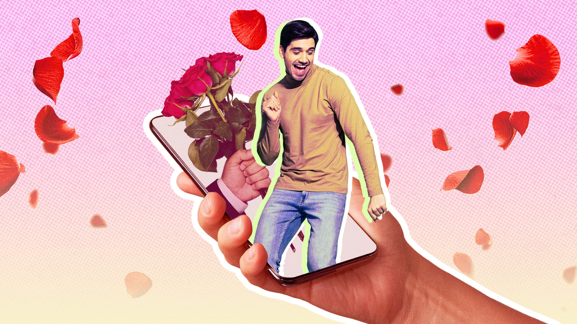 A man dancing on an iPhone surrounded by roses. 