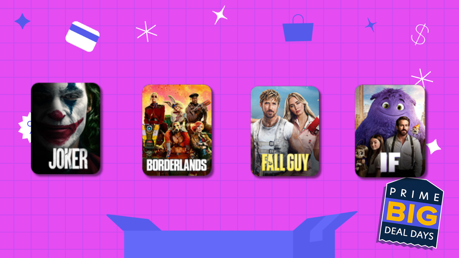 Amazon Prime Video logo and movie posters on pink Prime Day background