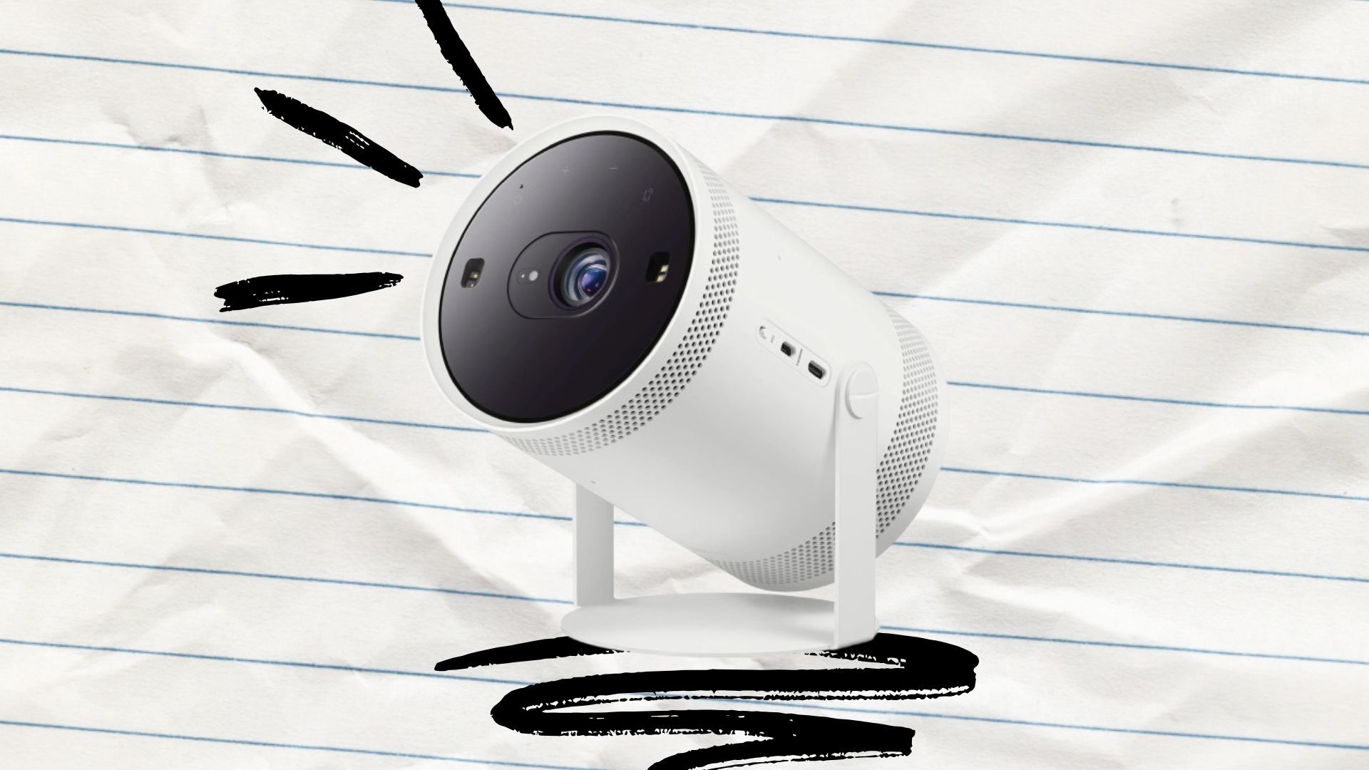 samsung freestyle projector over crinkled notebook paper and doodles