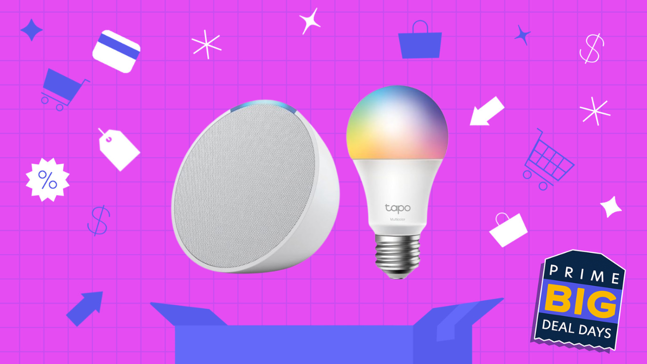 echo pop speaker and color-changing light bulb popping out of shipping box against pink background