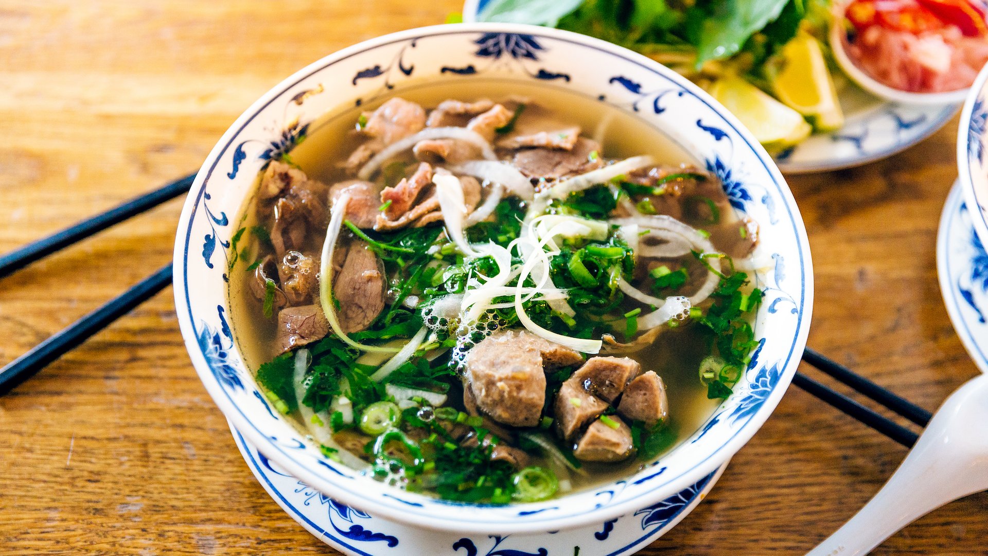 Vietnamese pho soup with beef, close-up