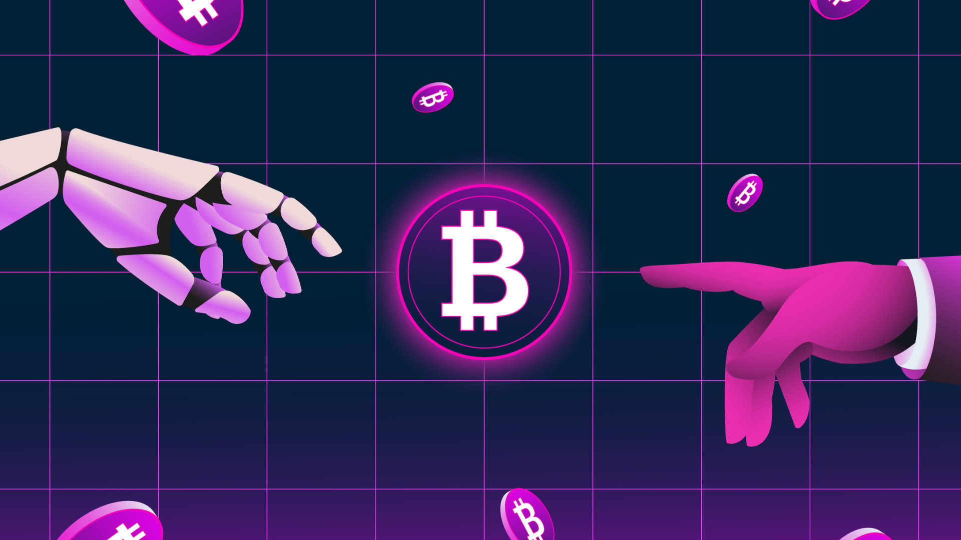 An illustration of a robot arm and human arm reaching out to touch a Bitcoin logo