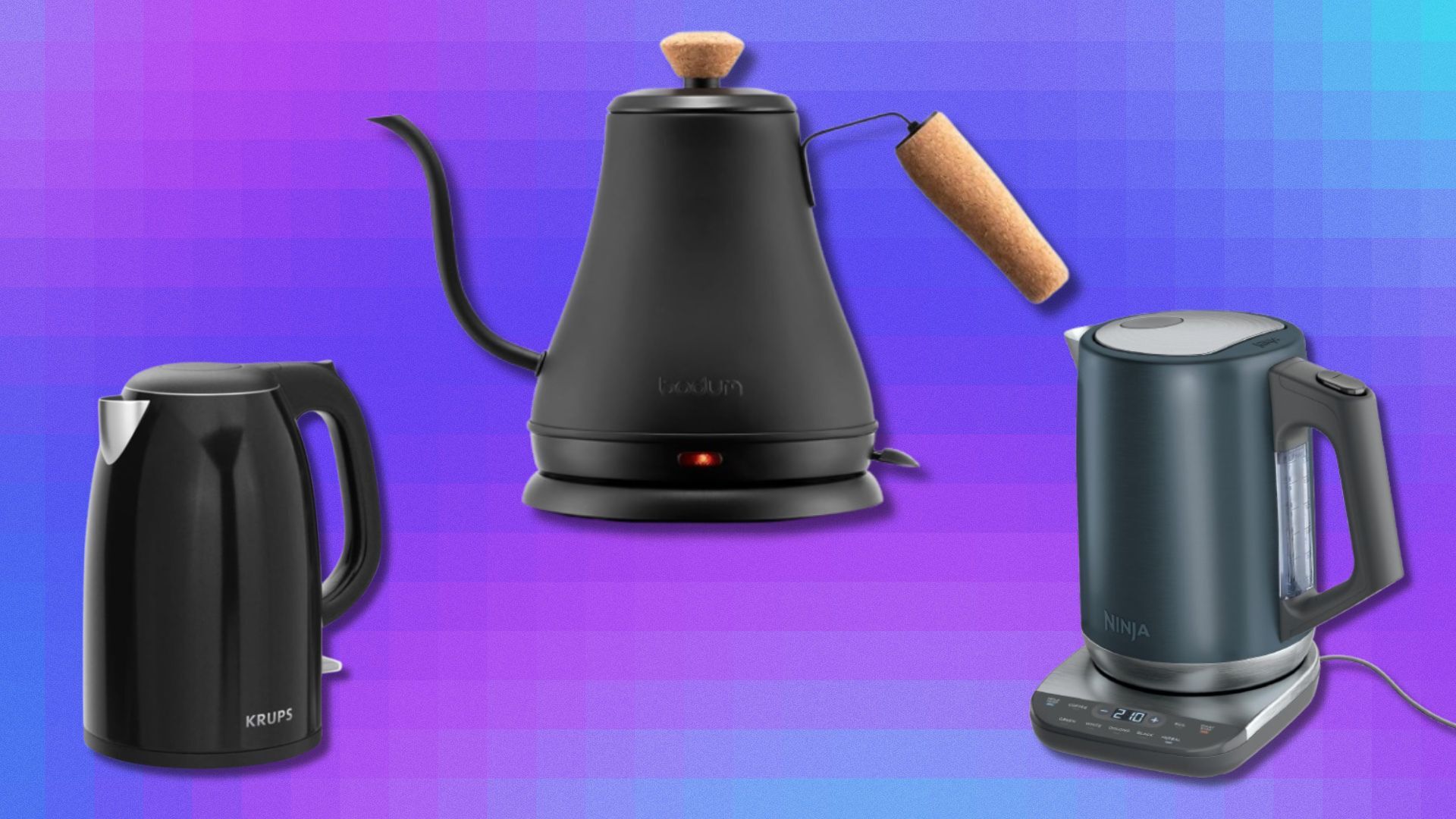 three electric kettles sit on a pixelated background that's purple and blue