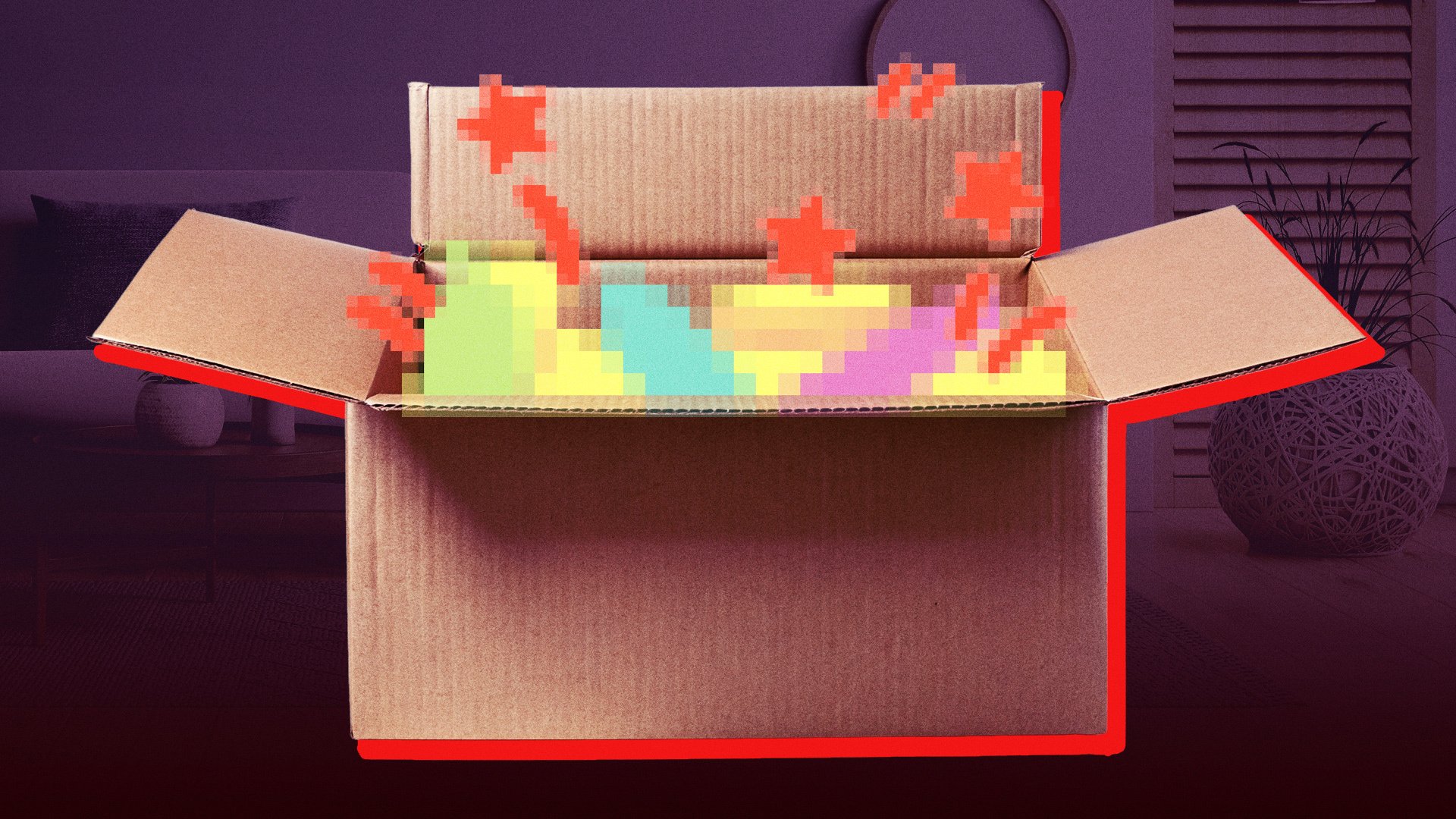 cardboard box with censored items