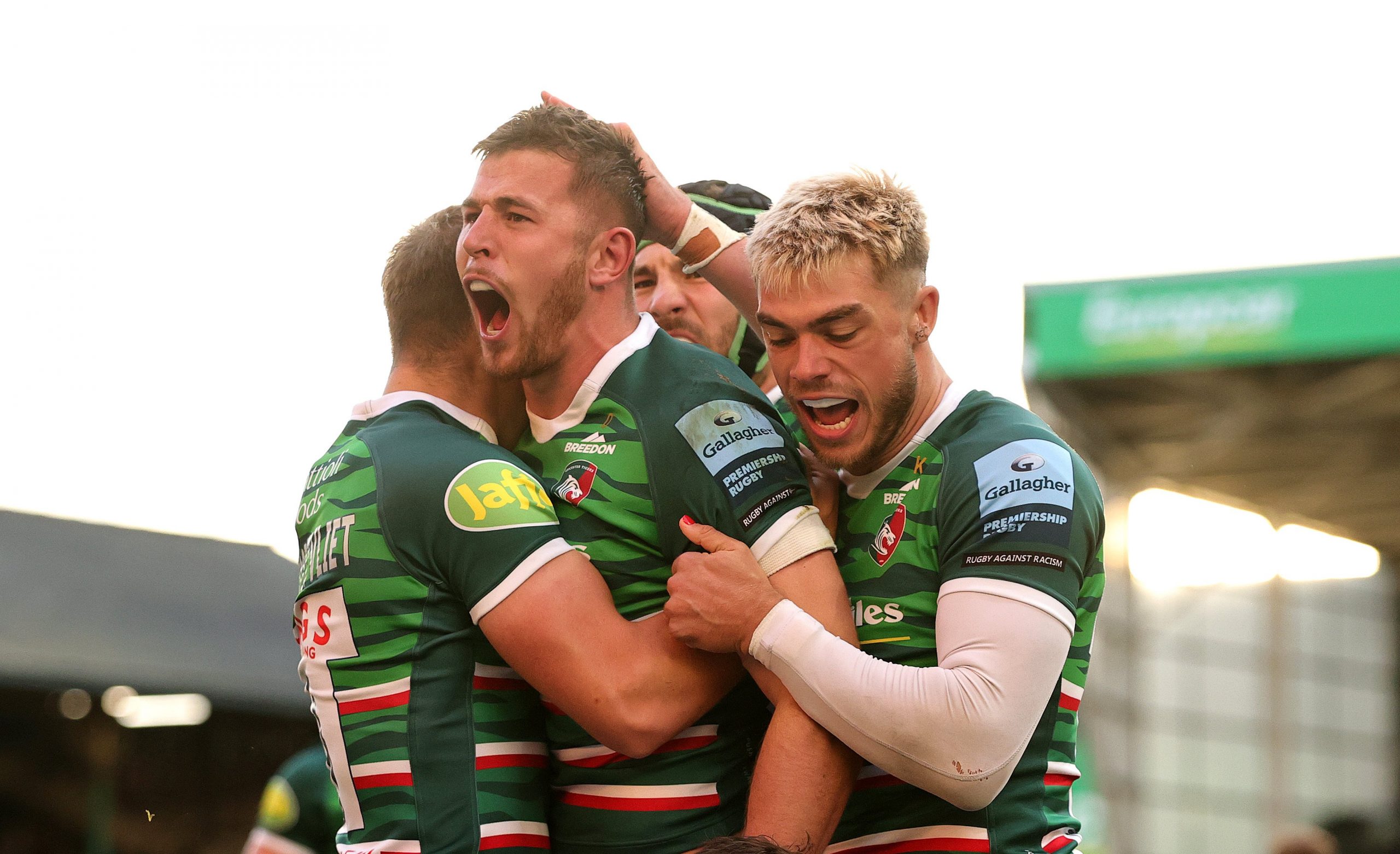 Freddie Steward of Leicester Tigers celebrates after scoring