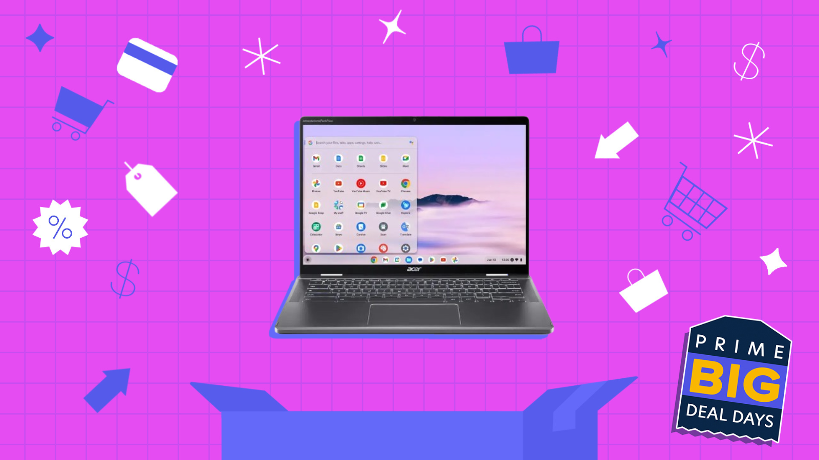 an acer chromebook above a blue box against a pink grid background surrounded by shopping icons