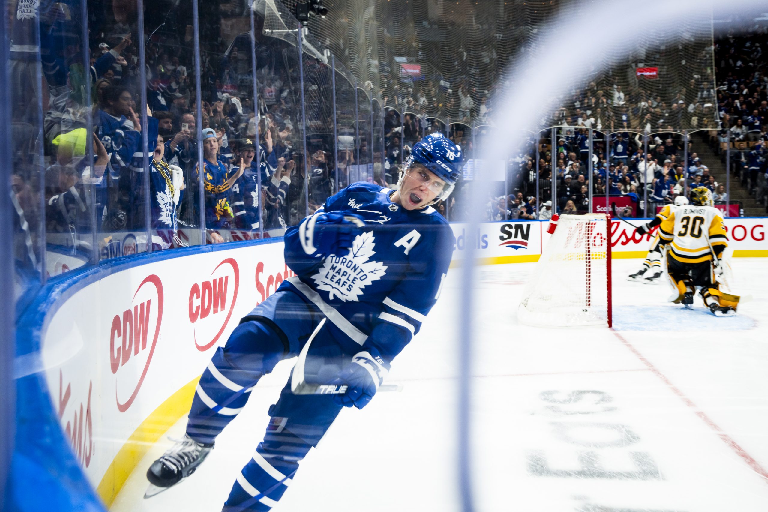 Mitch Marner of the Toronto Maple Leafs celebrates scoring a goal