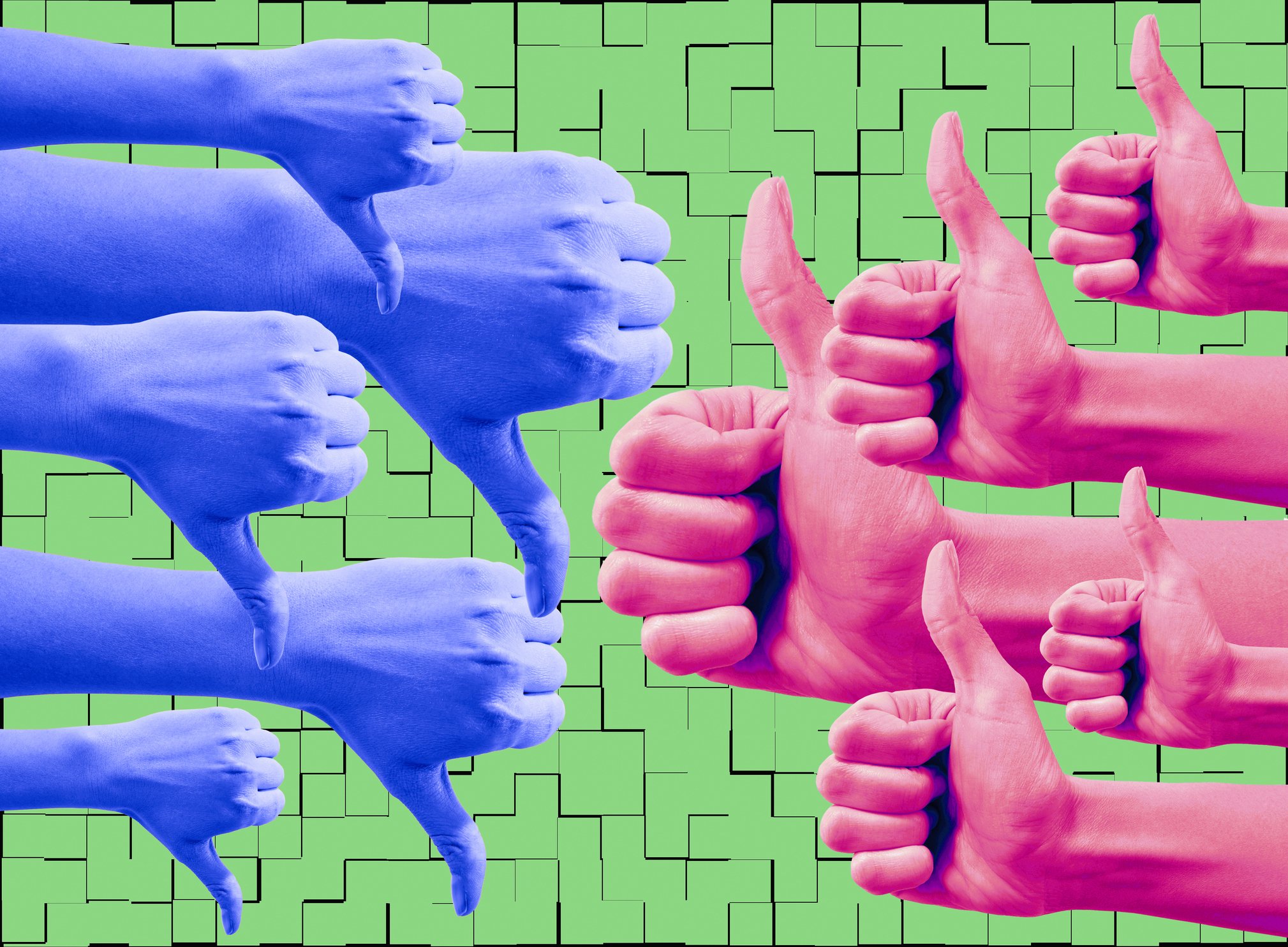 Woman's hand showing 5 red thumbs up and 5 blue thumbs down on illustrated green background