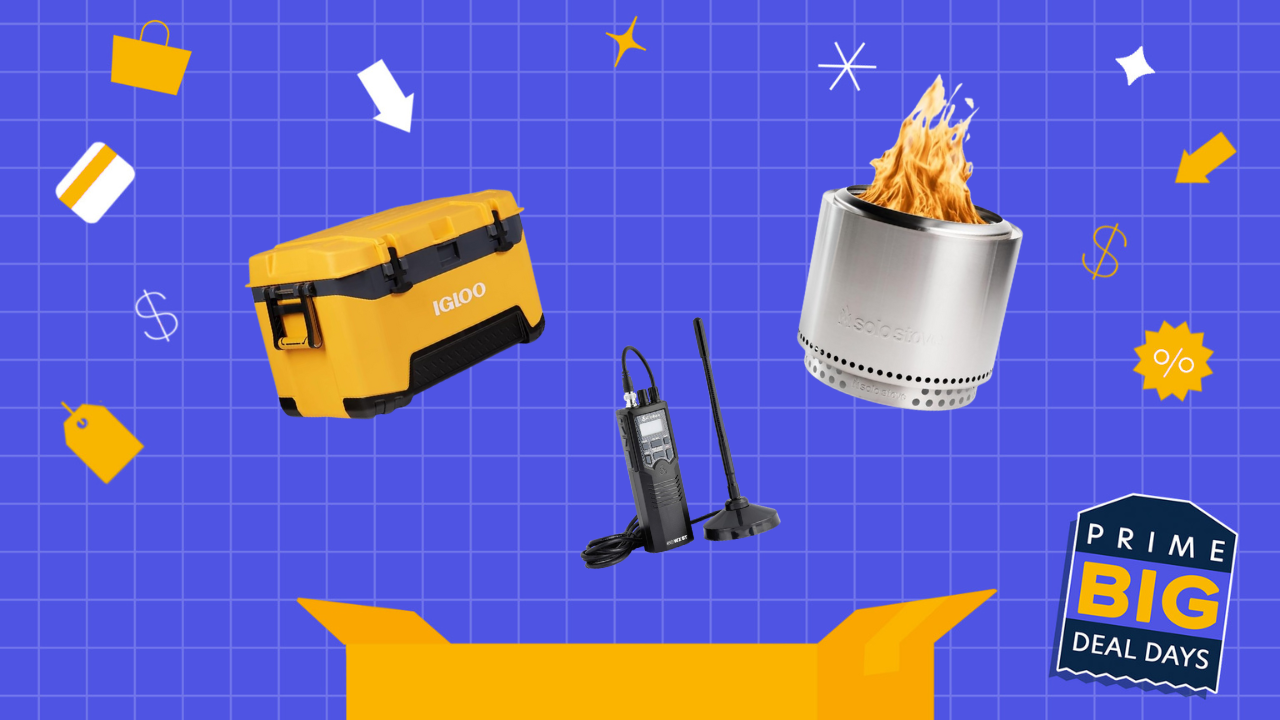 Camping materials in front of a blue background