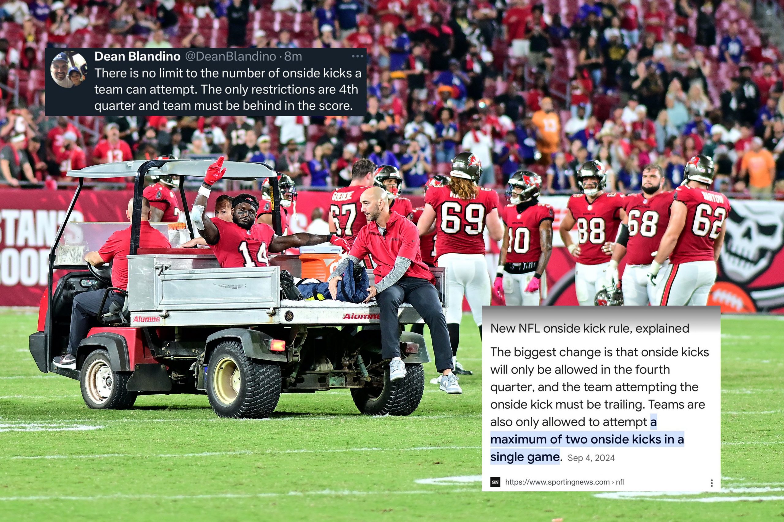 image of chris godwin leaving field on cart with screenshots of tweet and google search about onside kick rules