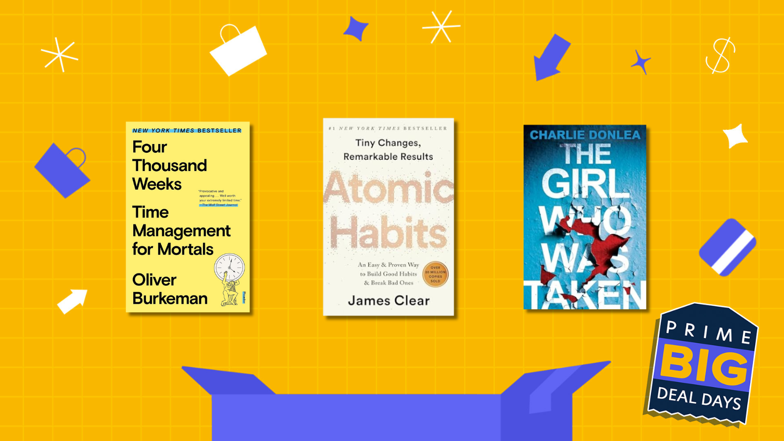 Mashable Prime Day illustration in yellow and blue showcasing three book covers