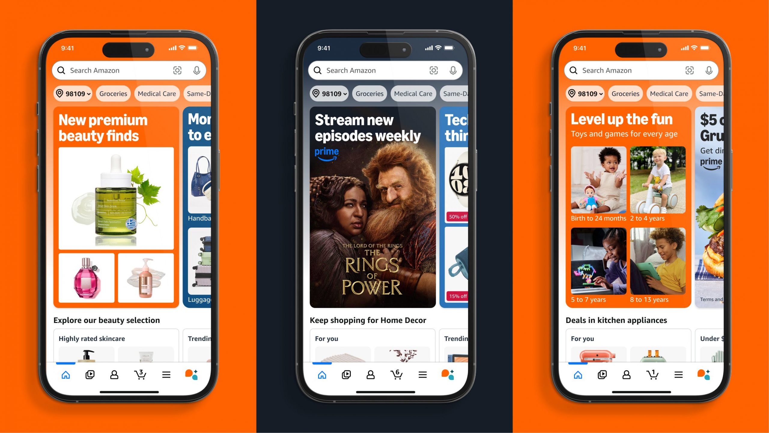 three side by side screenshots of amazon's redesigned app