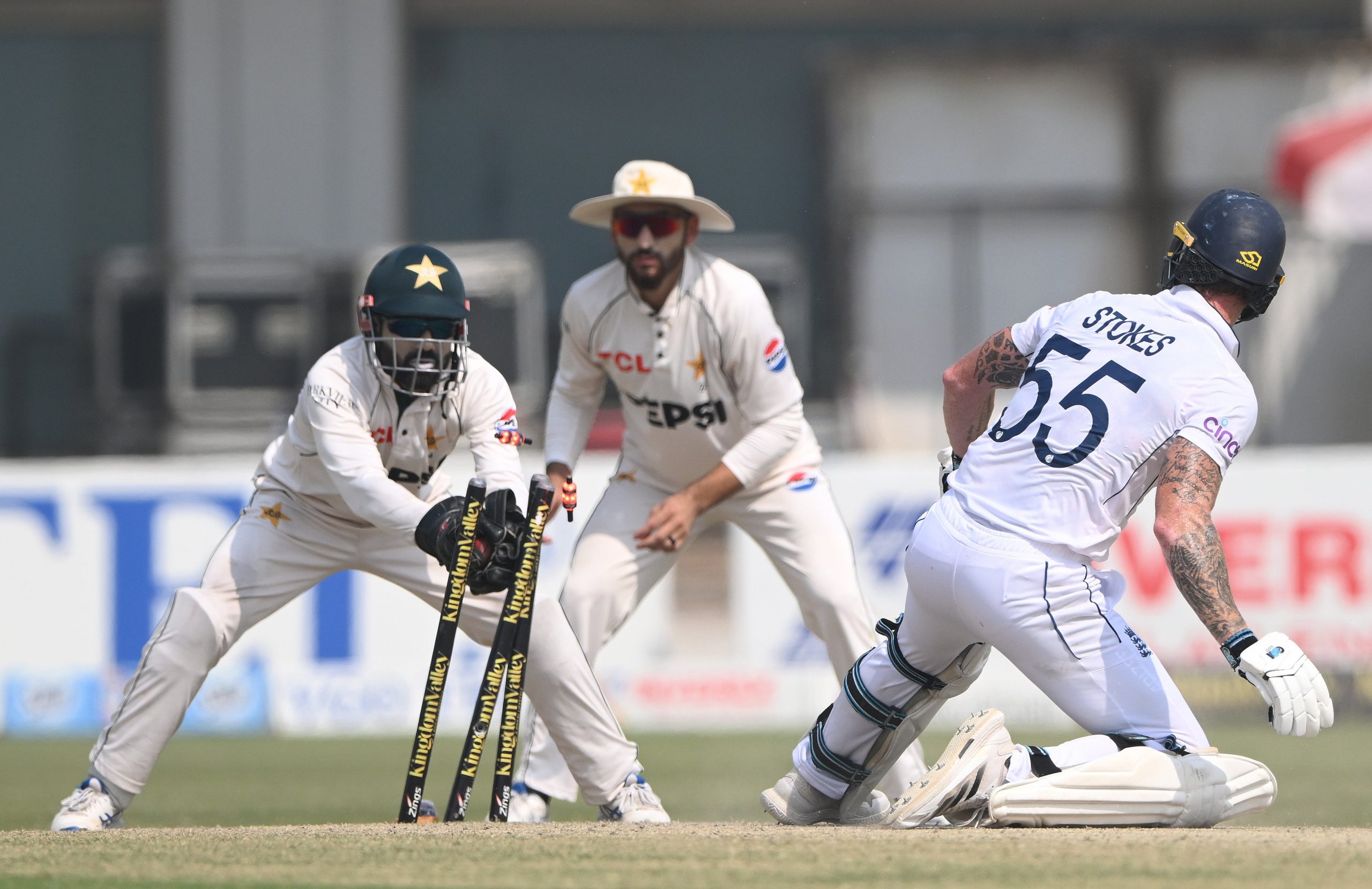 England batsman Ben Stokes looks back to see Mohammad Rizwan stump him