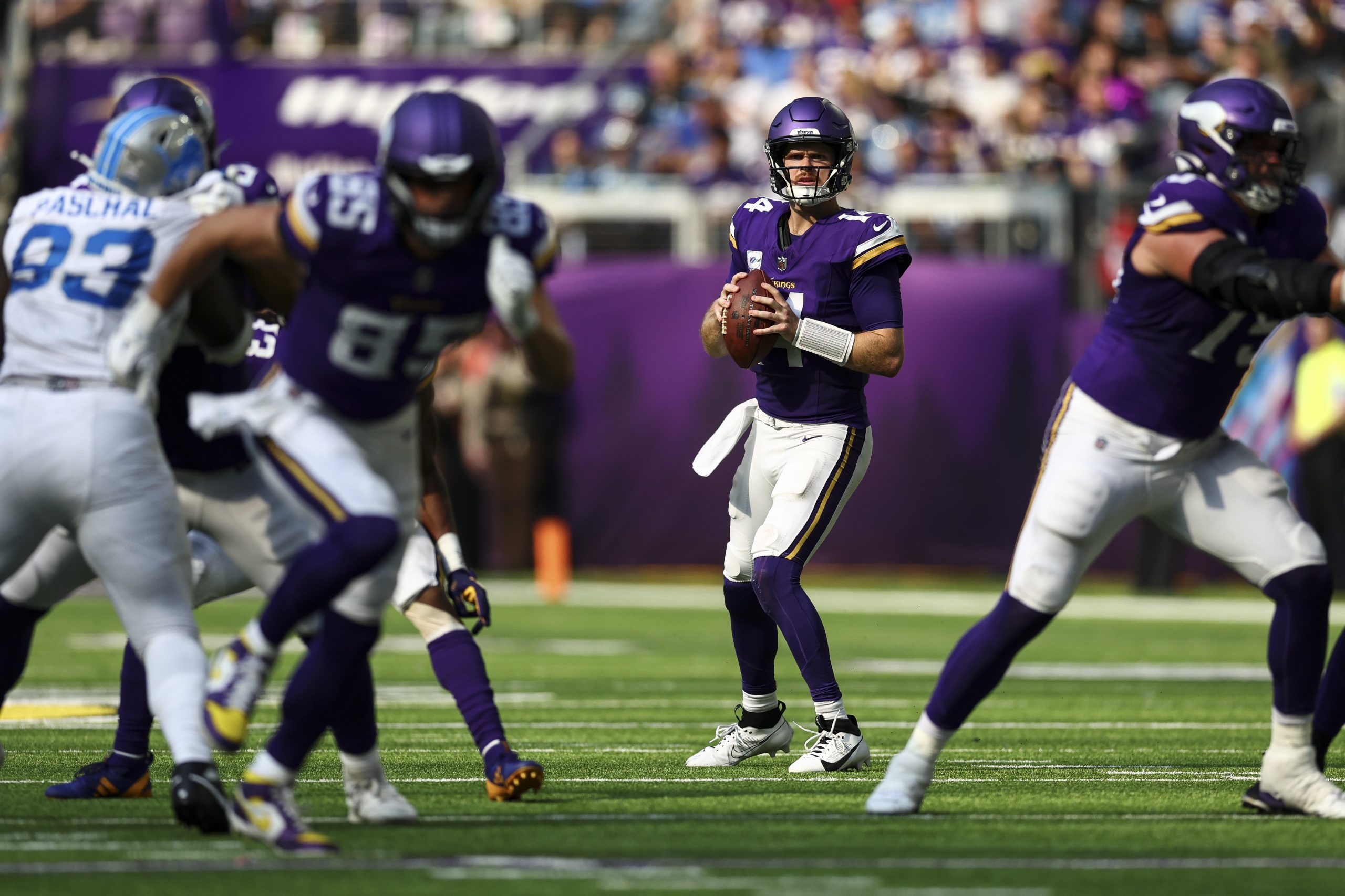 Sam Darnold of the Minnesota Vikings drops back to pass