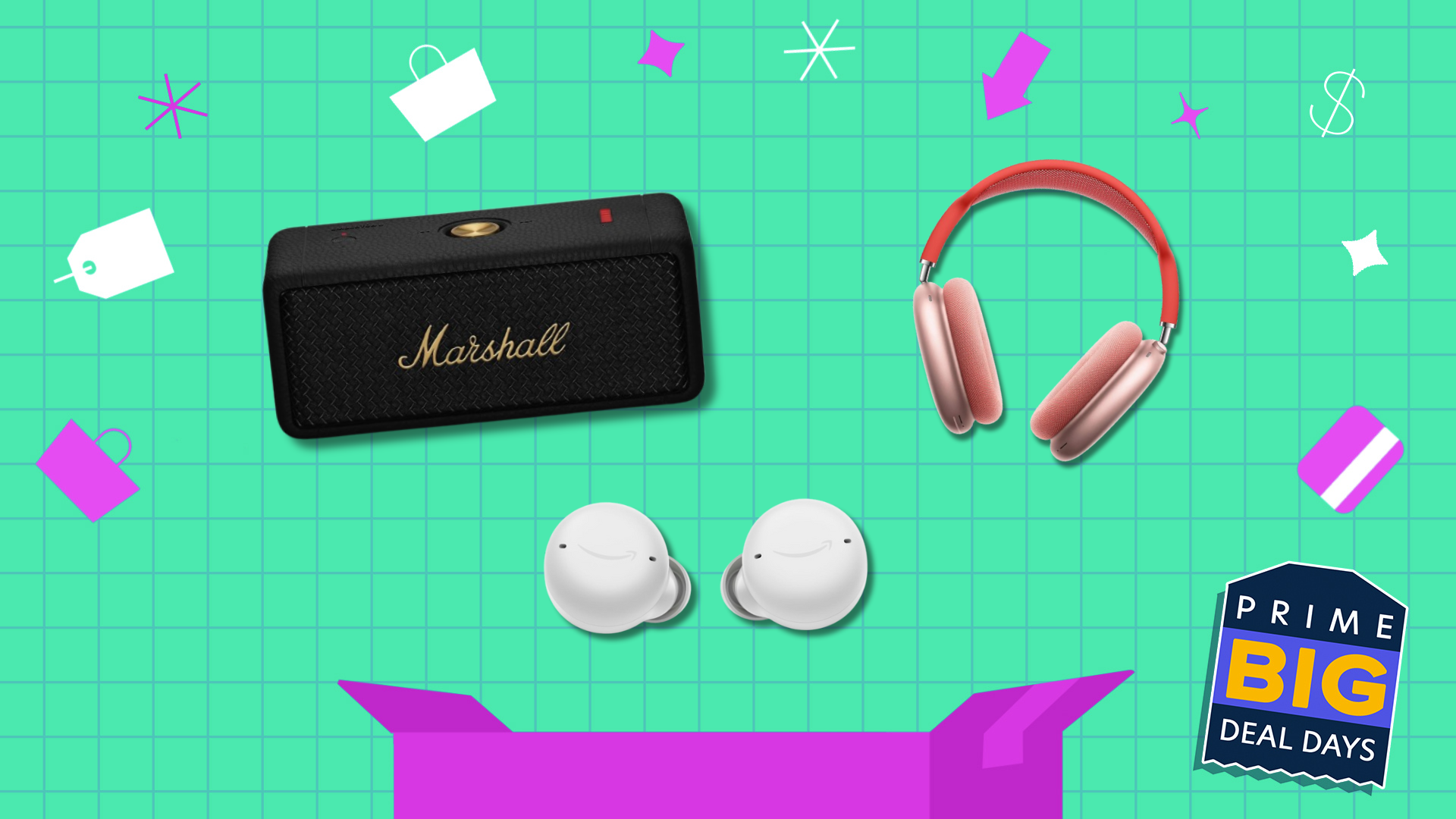 An illustrated background with a Marshall speaker, Anker earbuds, and Apple AirPods Max.