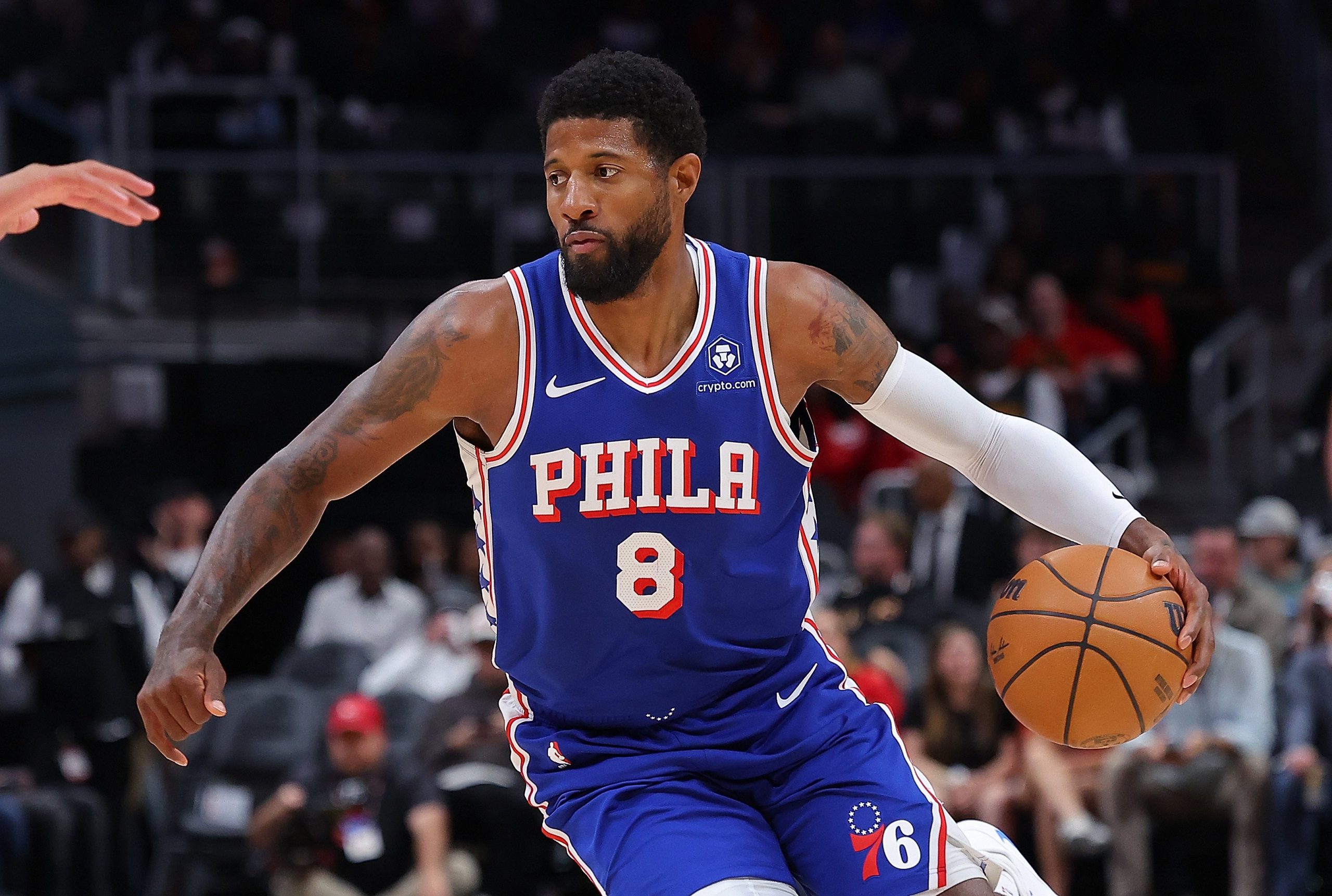 Paul George of the Philadelphia 76ers drives