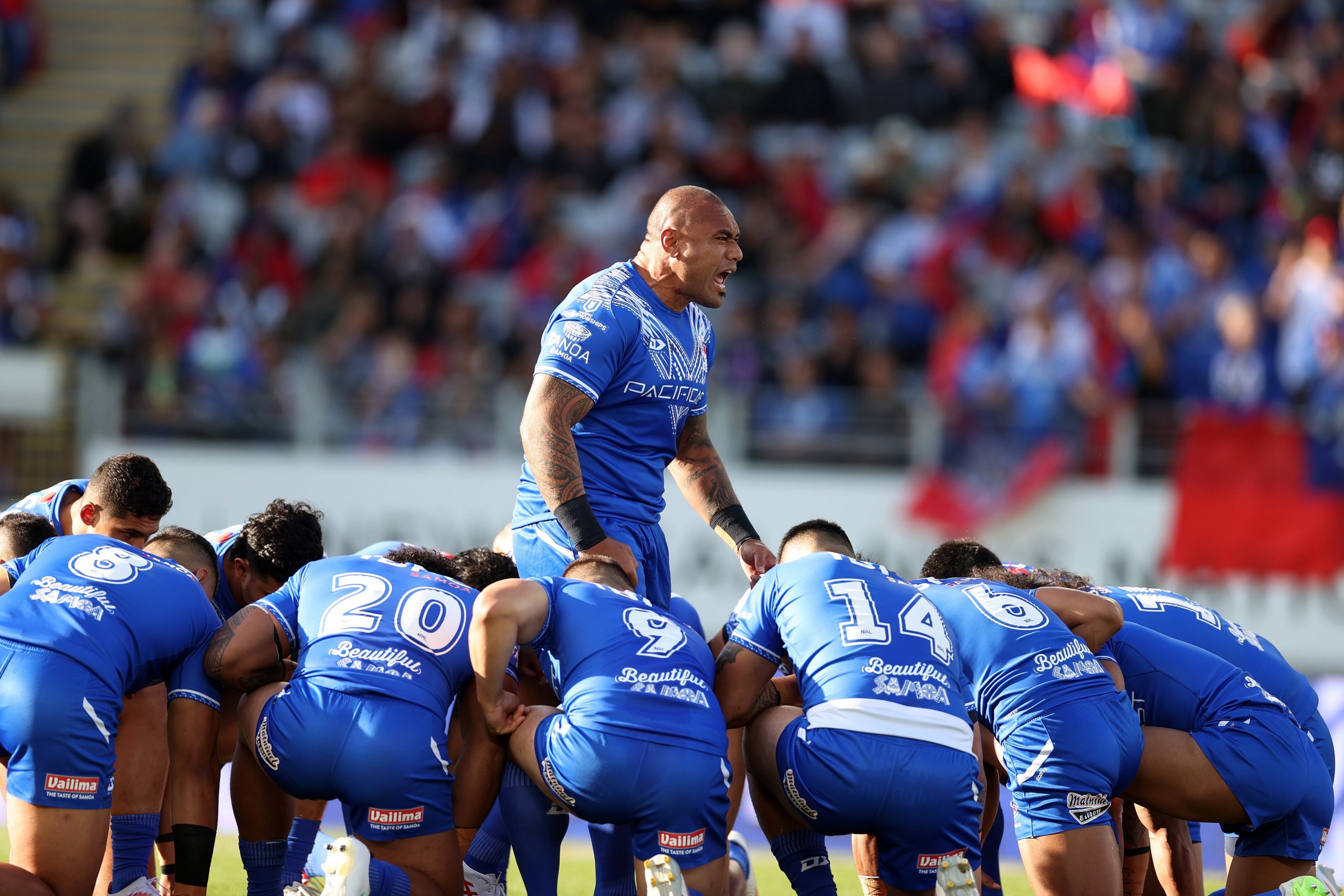 Samoa perform a challenge during the Mens Pacific Championships match between New Zealand Kiwis and Toa Samoa