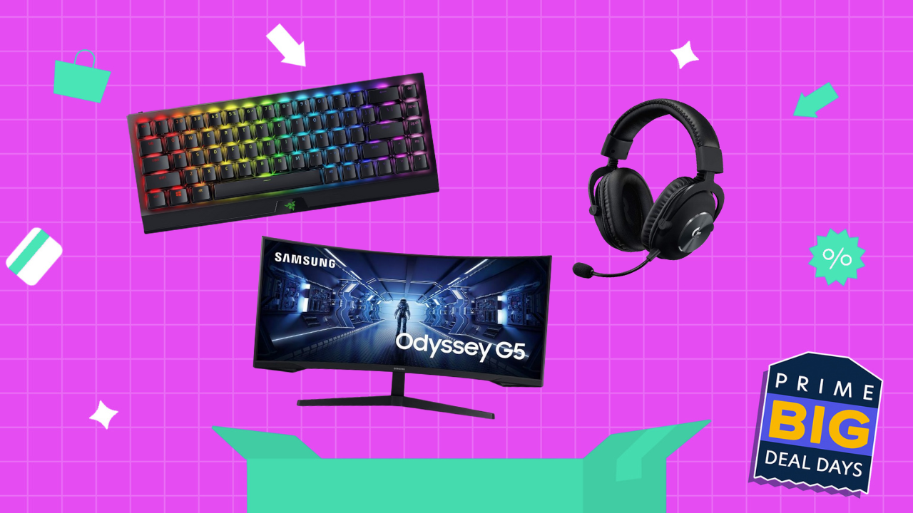 PC gaming peripherals in front of a purple background