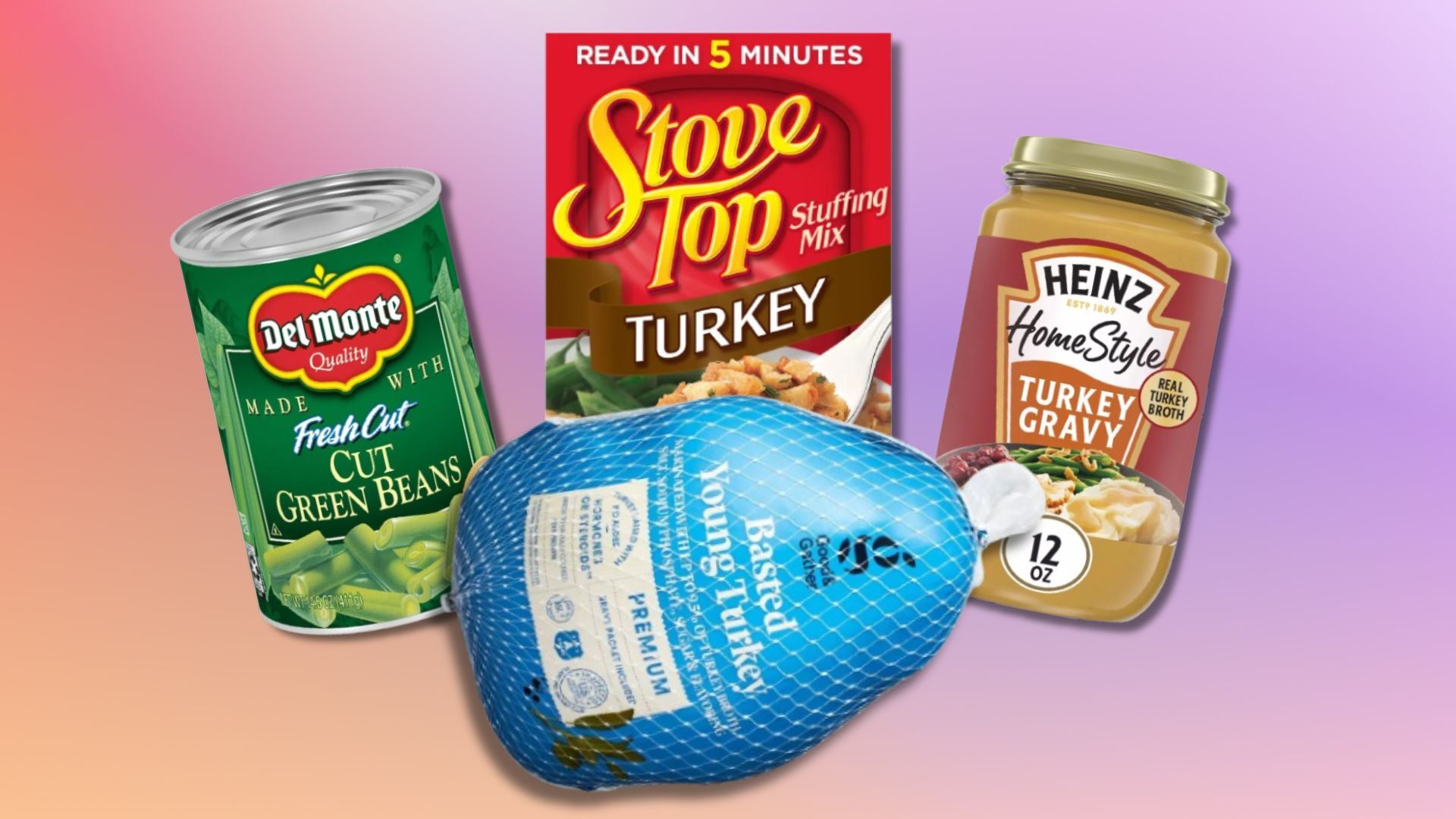 a frozen turkey, box of stuffing, can of green beans, and container of gravy from Target against a pink and purple background