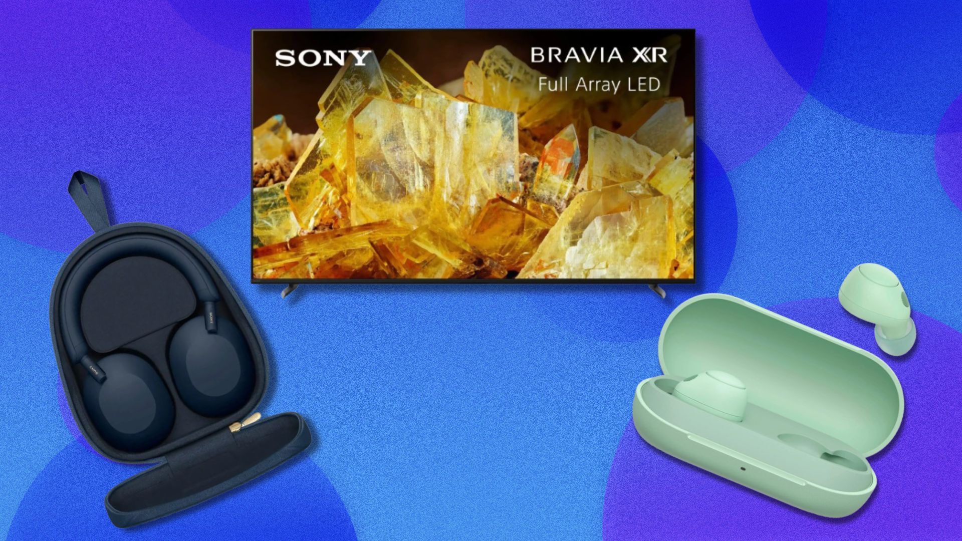 sony headphones, a sony TV, and sony earbuds on a blue background